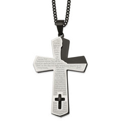 Chisel Stainless Steel Polished Black IP-plated Lord's Prayer Cross Pendant on a 24 inch Curb Chain Necklace