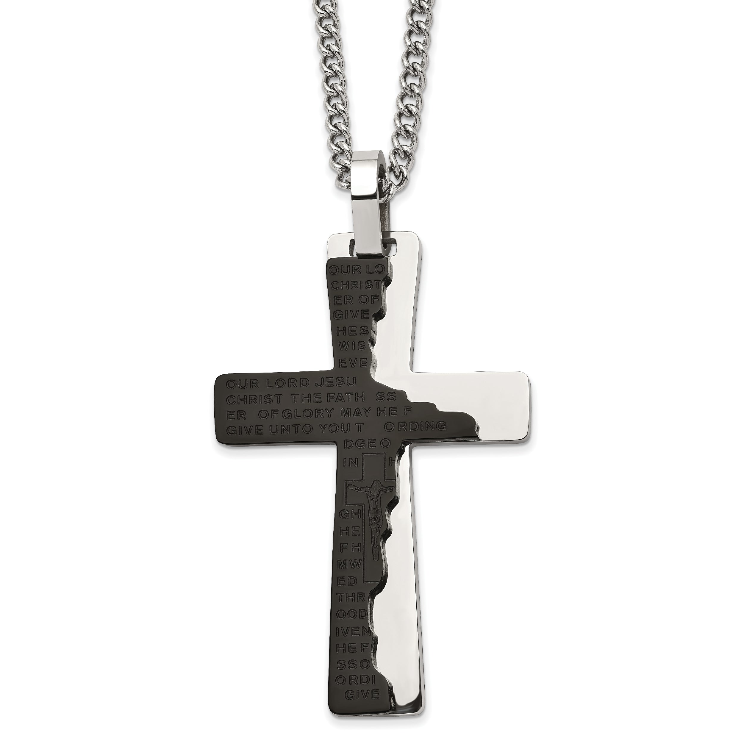 Chisel Stainless Steel Polished Black IP-plated Etched Broken Prayer Cross Pendant on a 24 inch Curb Chain Necklace