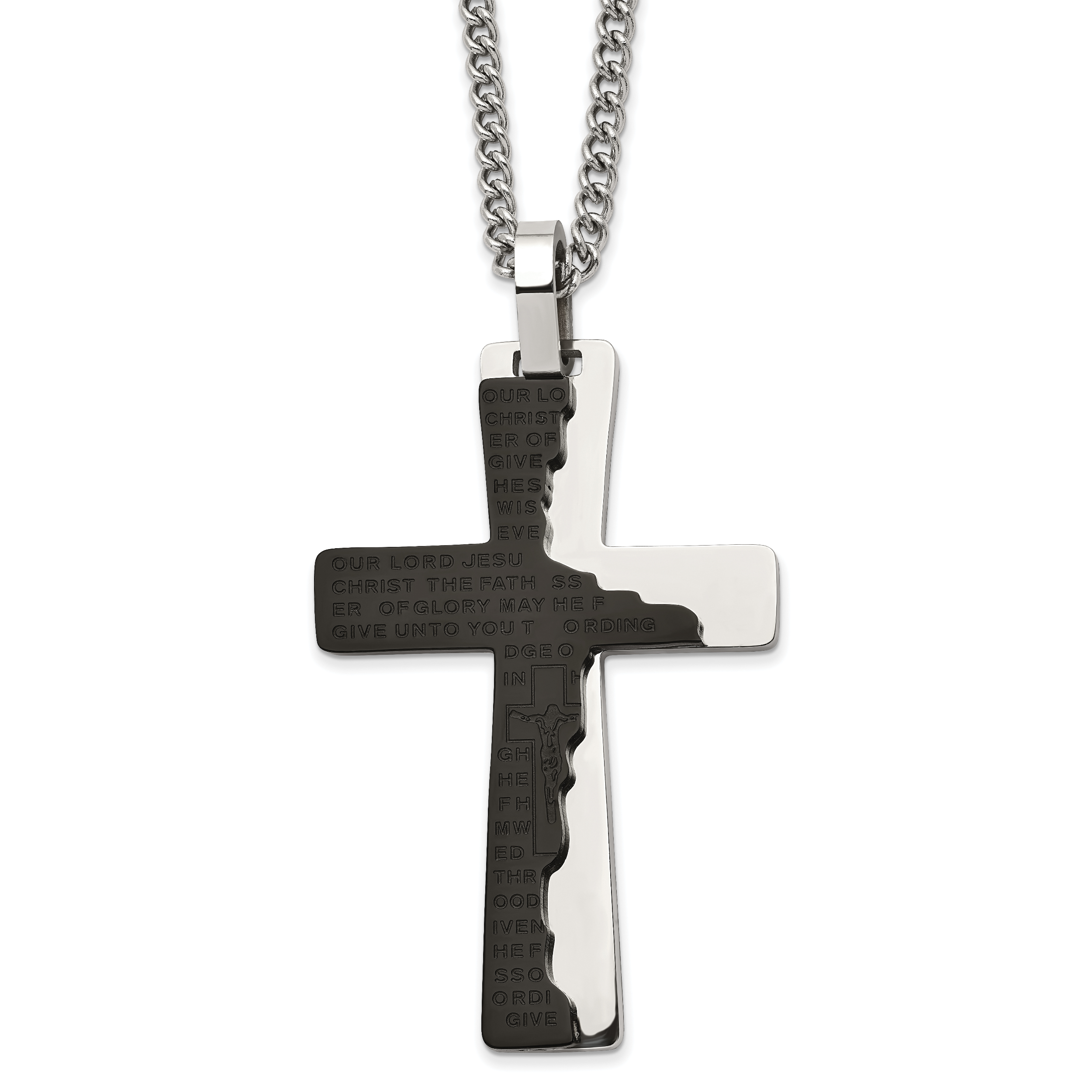 Chisel Stainless Steel Polished Black IP-plated Etched Broken Prayer Cross Pendant on a 24 inch Curb Chain Necklace Main image