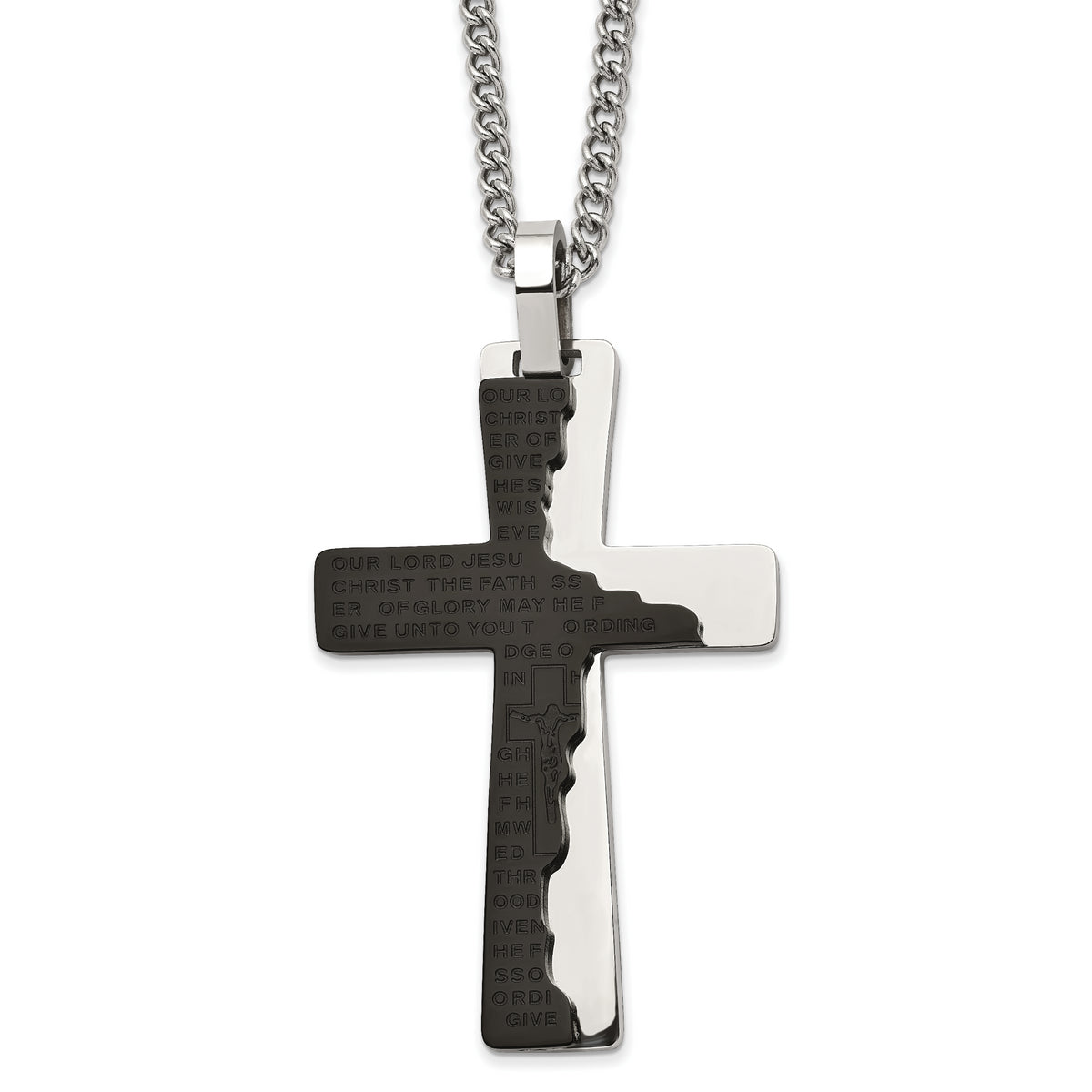 Chisel Stainless Steel Polished Black IP-plated Etched Broken Prayer Cross Pendant on a 24 inch Curb Chain Necklace