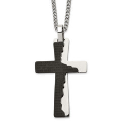 Chisel Stainless Steel Polished Black IP-plated Etched Broken Prayer Cross Pendant on a 24 inch Curb Chain Necklace