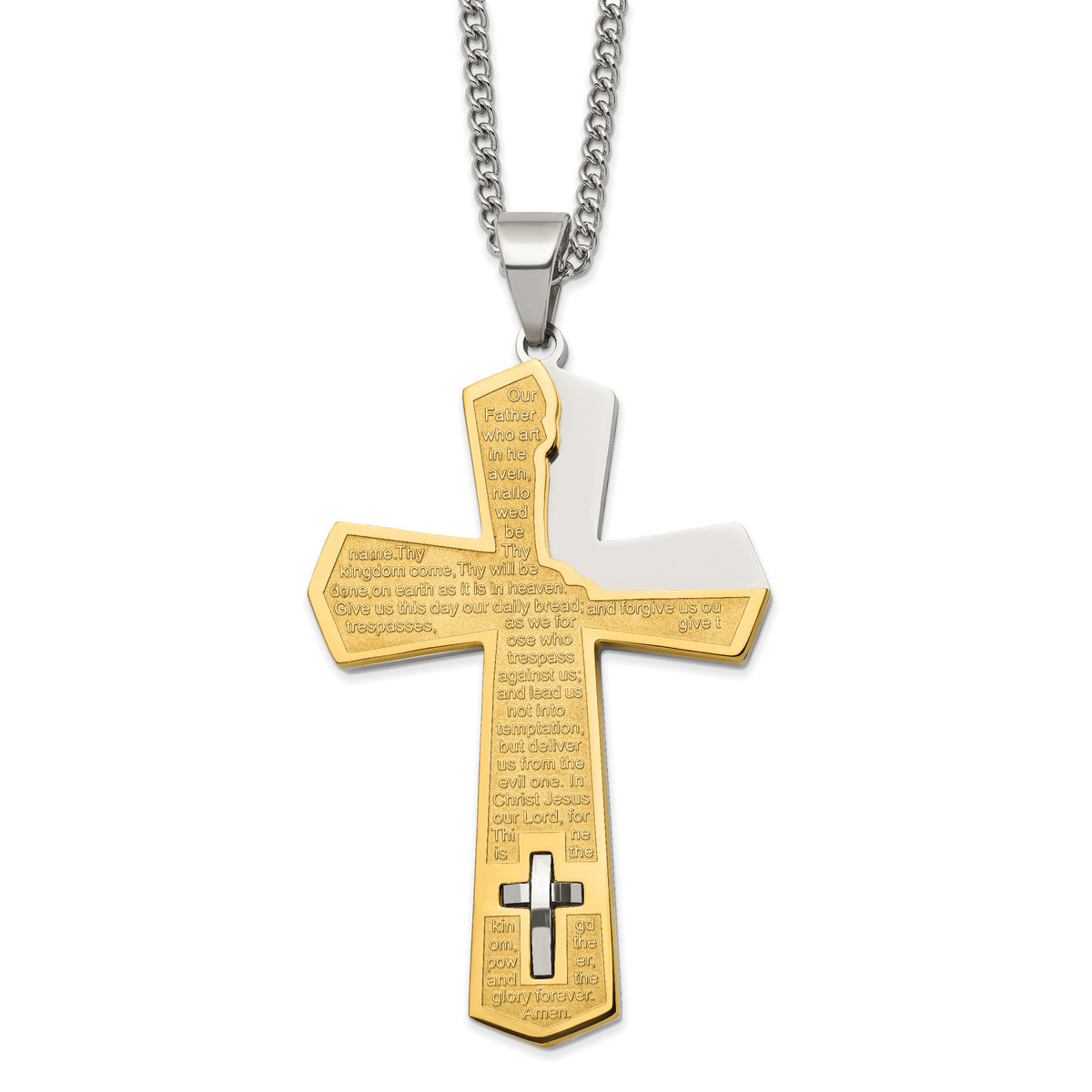 Chisel Stainless Steel Polished Yellow IP-plated Lord's Prayer Cross Pendant on a 24 inch Curb Chain Necklace