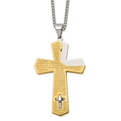 Chisel Stainless Steel Polished Yellow IP-plated Lord's Prayer Cross Pendant on a 24 inch Curb Chain Necklace