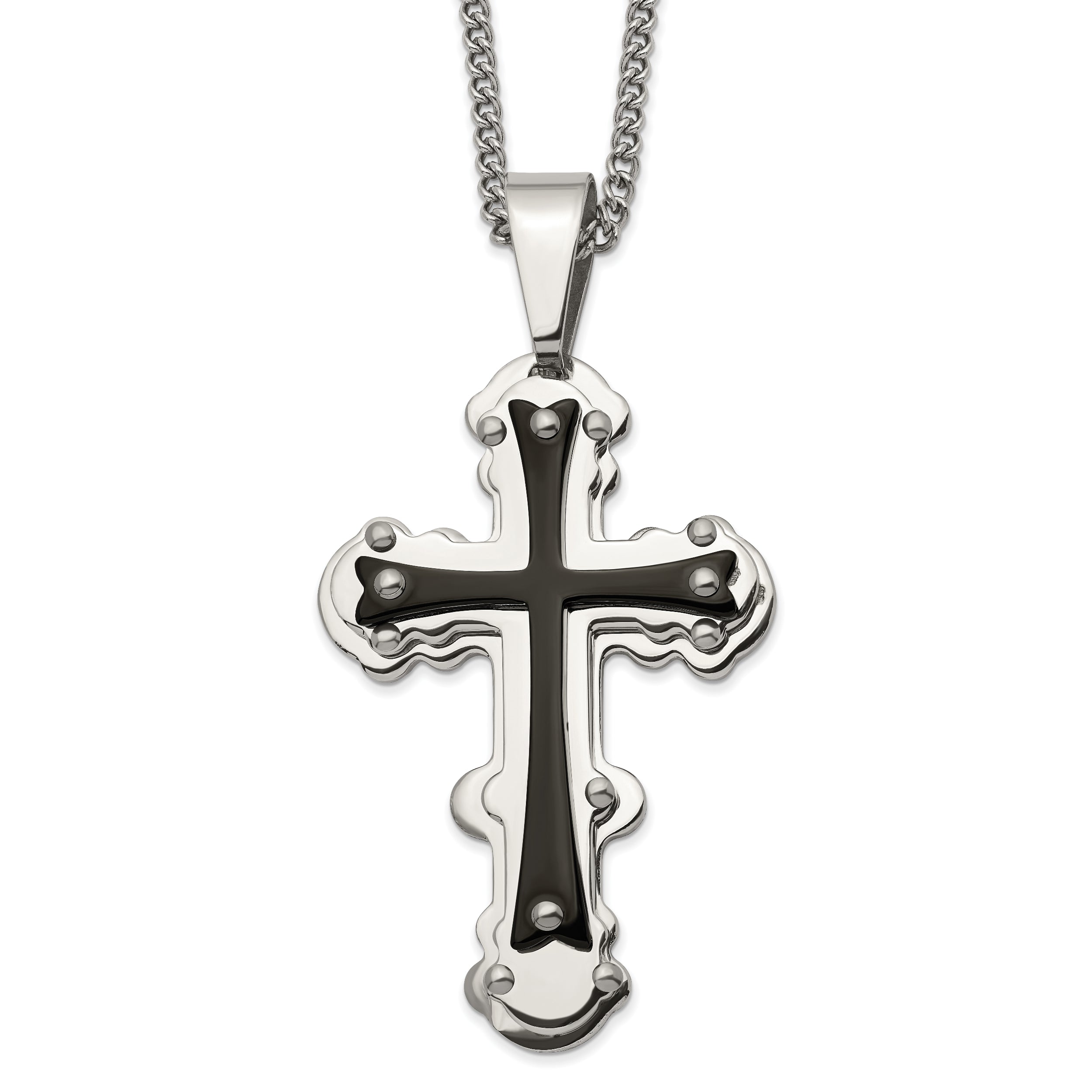 Chisel Stainless Steel Polished Black IP-plated Cross Pendant on a 24 inch Curb Chain Necklace