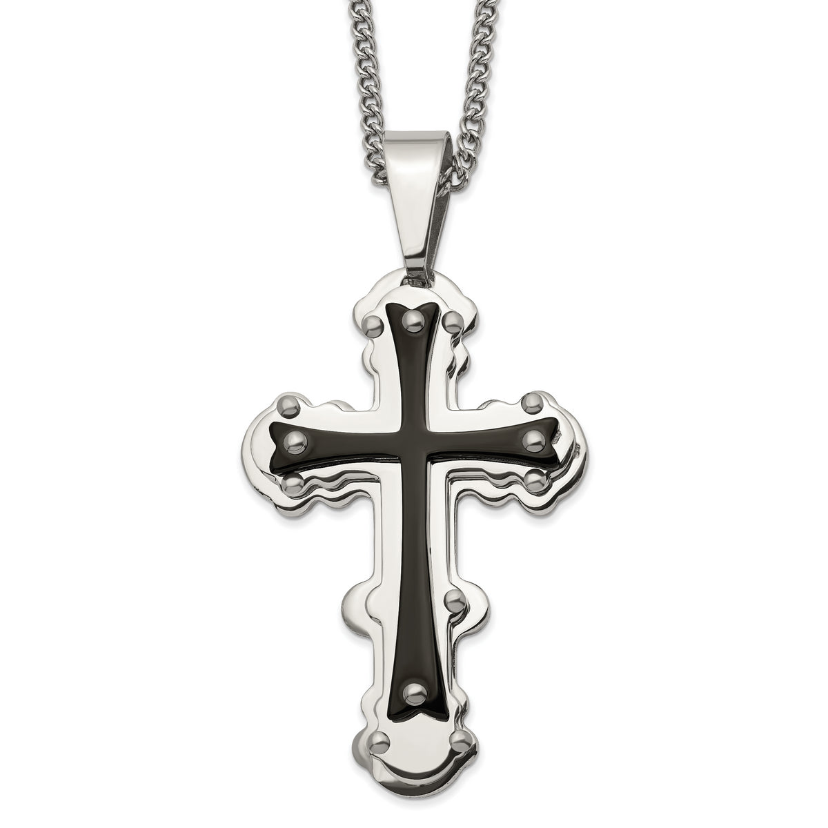 Chisel Stainless Steel Polished Black IP-plated Cross Pendant on a 24 inch Curb Chain Necklace