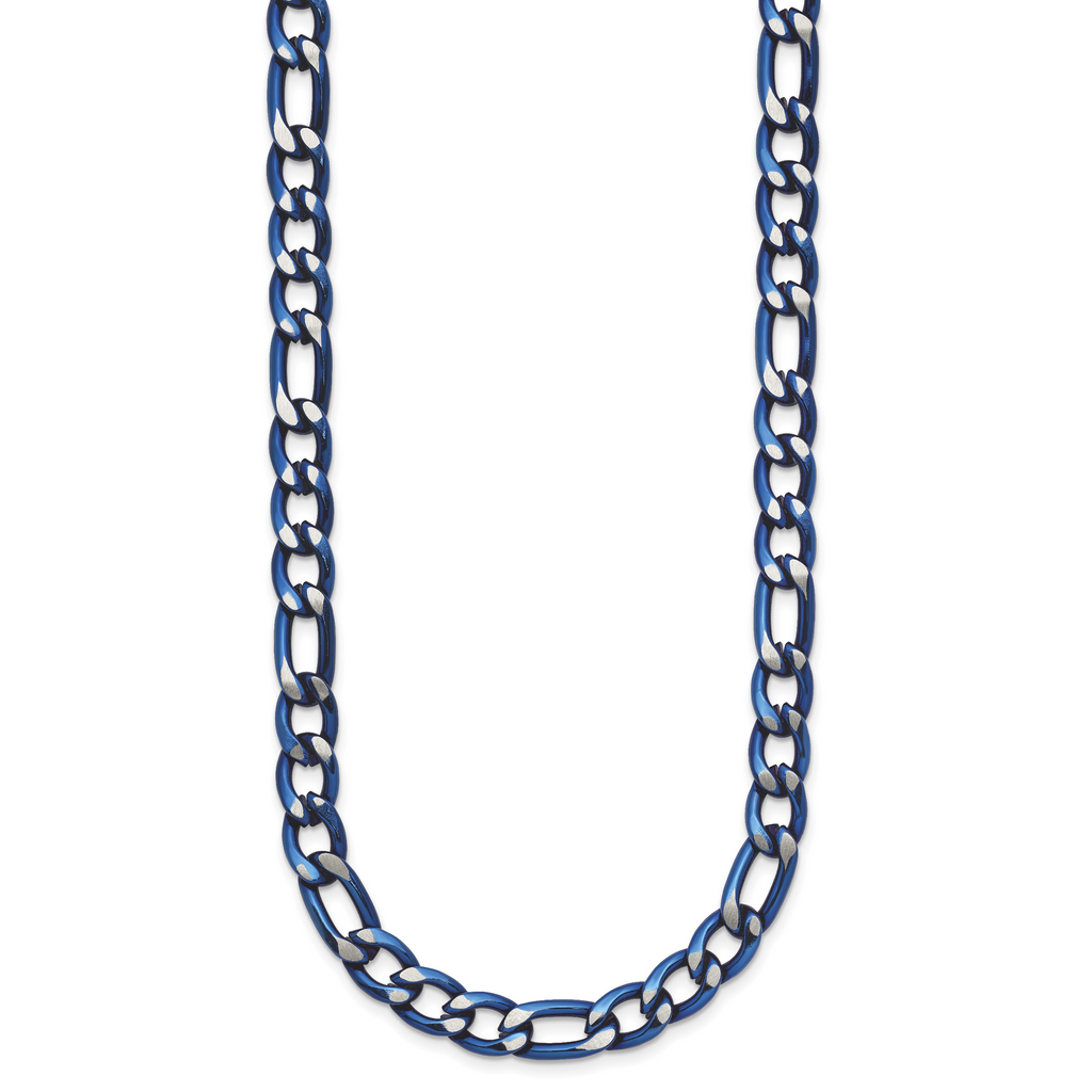 Brushed and Polished Blue Stainless Steel Figaro Chain Necklace 7.5mm