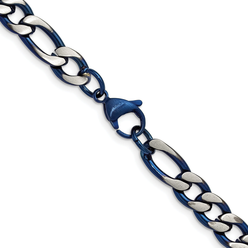 Brushed and Polished Blue Stainless Steel Figaro Chain Necklace 7.5mm