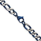 Brushed and Polished Blue Stainless Steel Figaro Chain Necklace 7.5mm