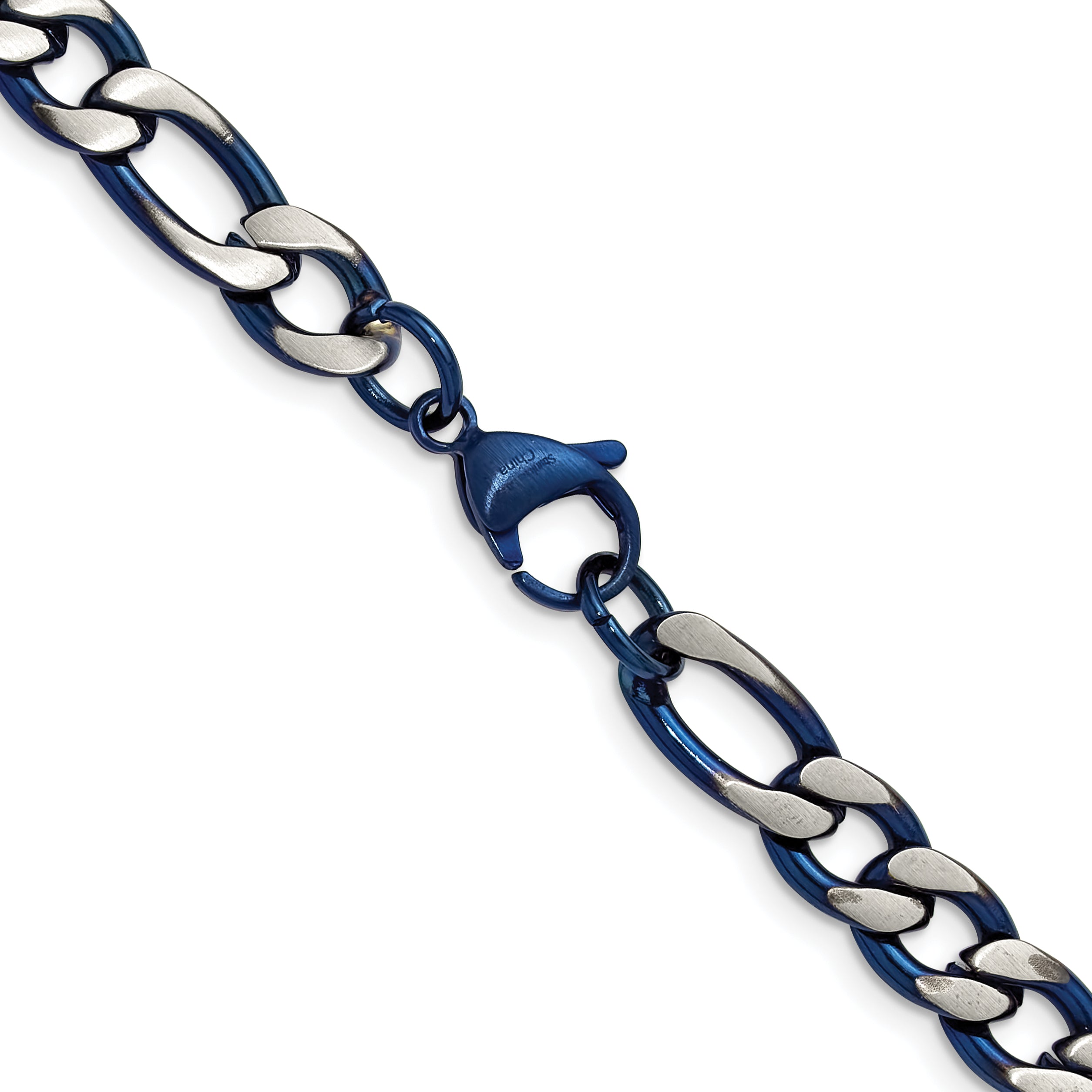 Brushed and Polished Blue Stainless Steel Figaro Chain Necklace 7.5mm