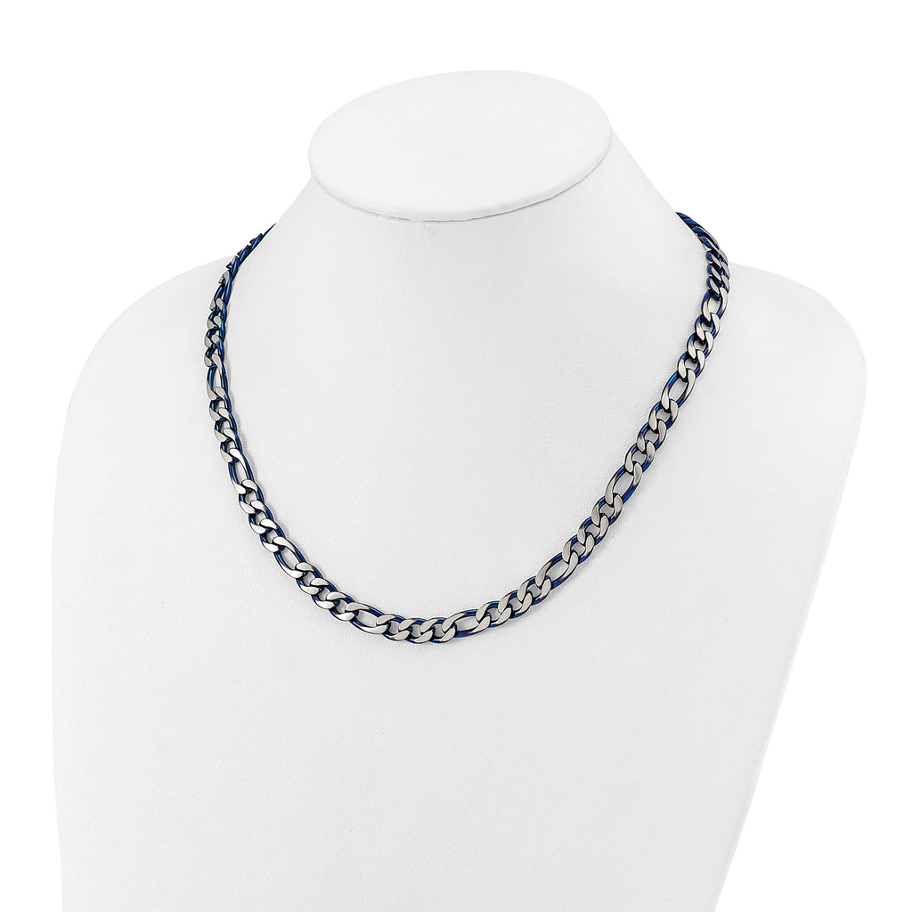 Brushed and Polished Blue Stainless Steel Figaro Chain Necklace 7.5mm