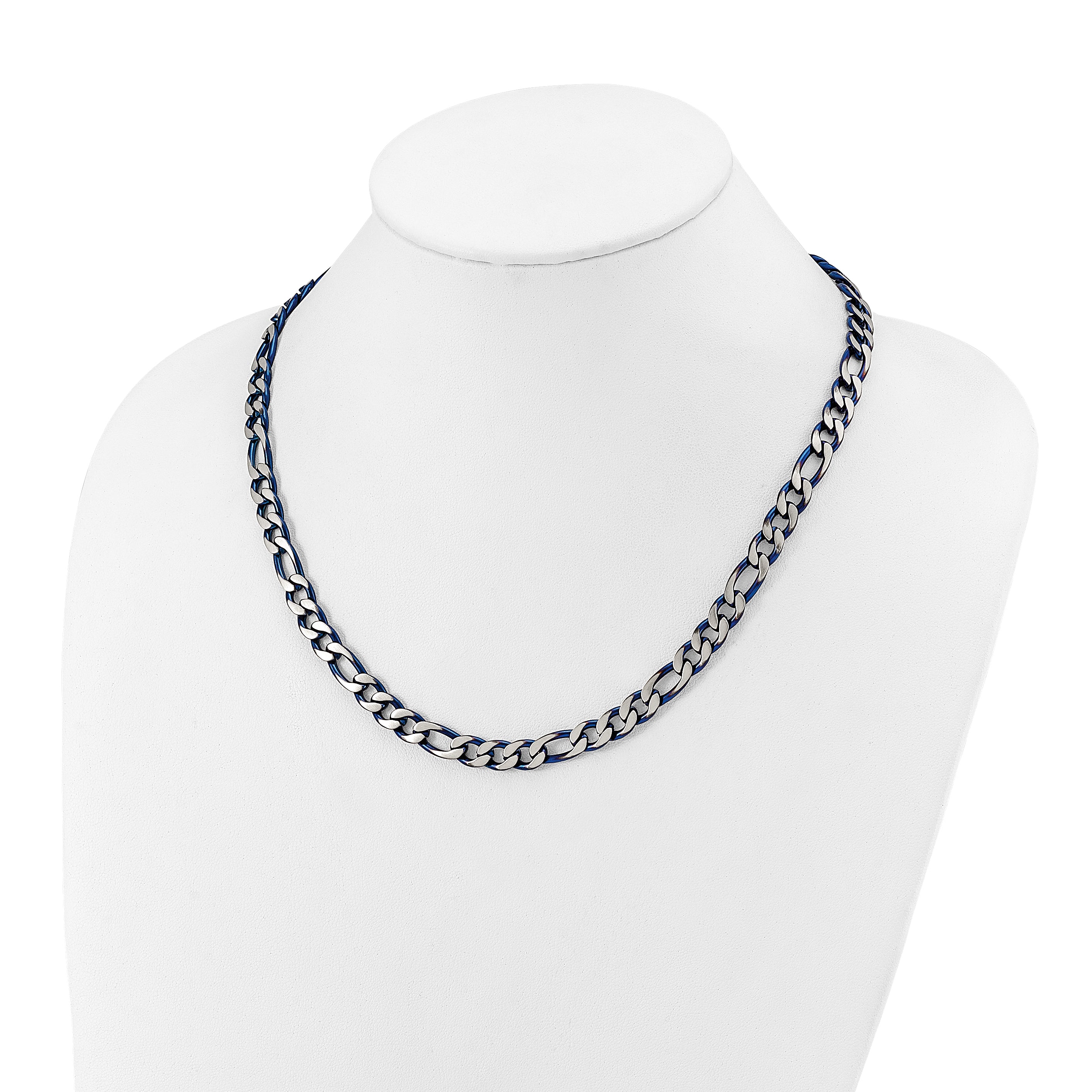 Brushed and Polished Blue Stainless Steel Figaro Chain Necklace 7.5mm