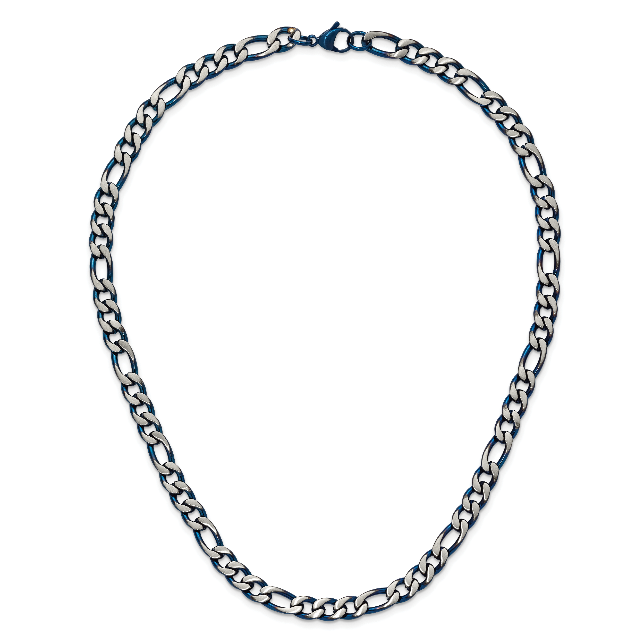 Brushed and Polished Blue Stainless Steel Figaro Chain Necklace 7.5mm