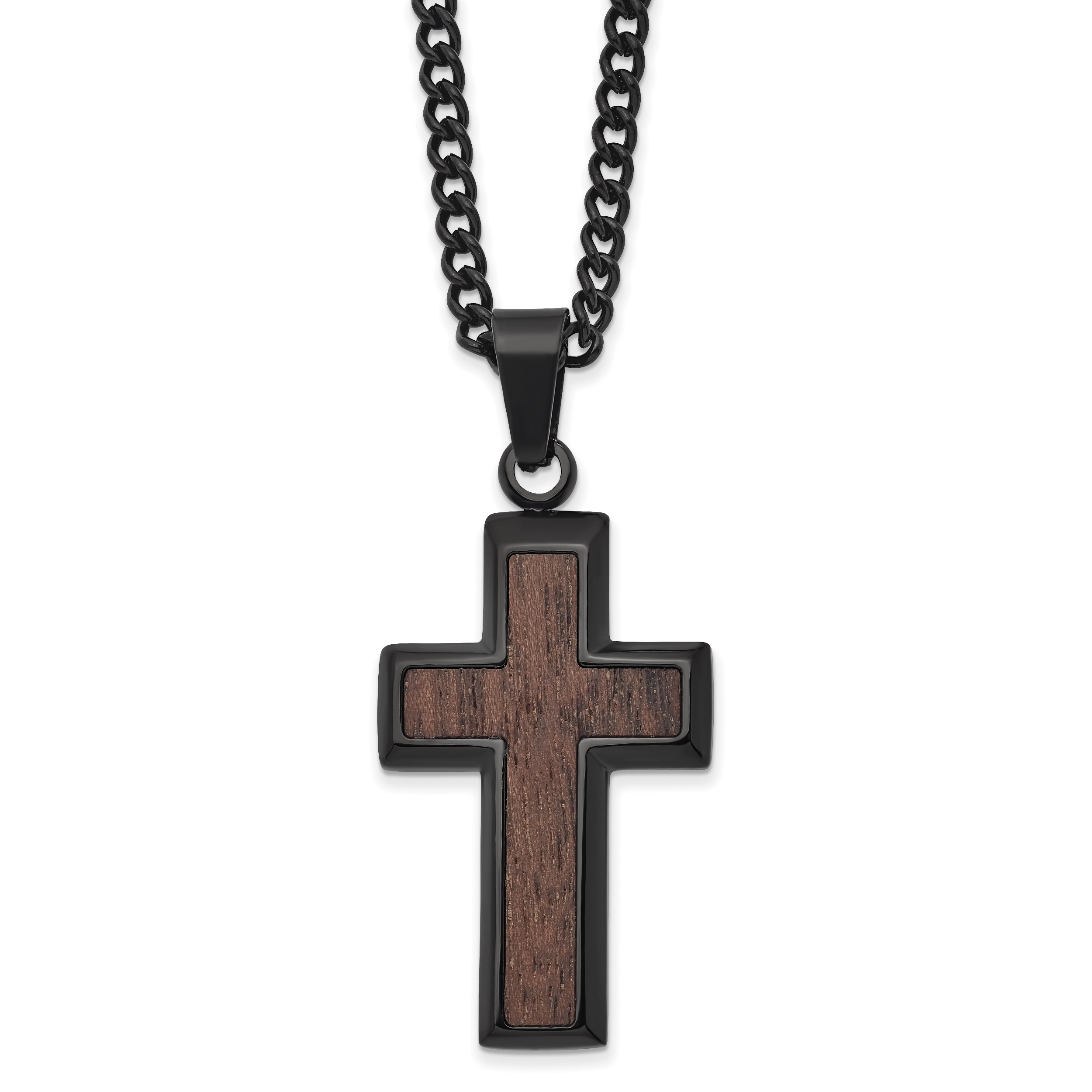 Stainless Steel Polished Black IP-plated w/Wood Inlay Cross 24in Necklace Main image