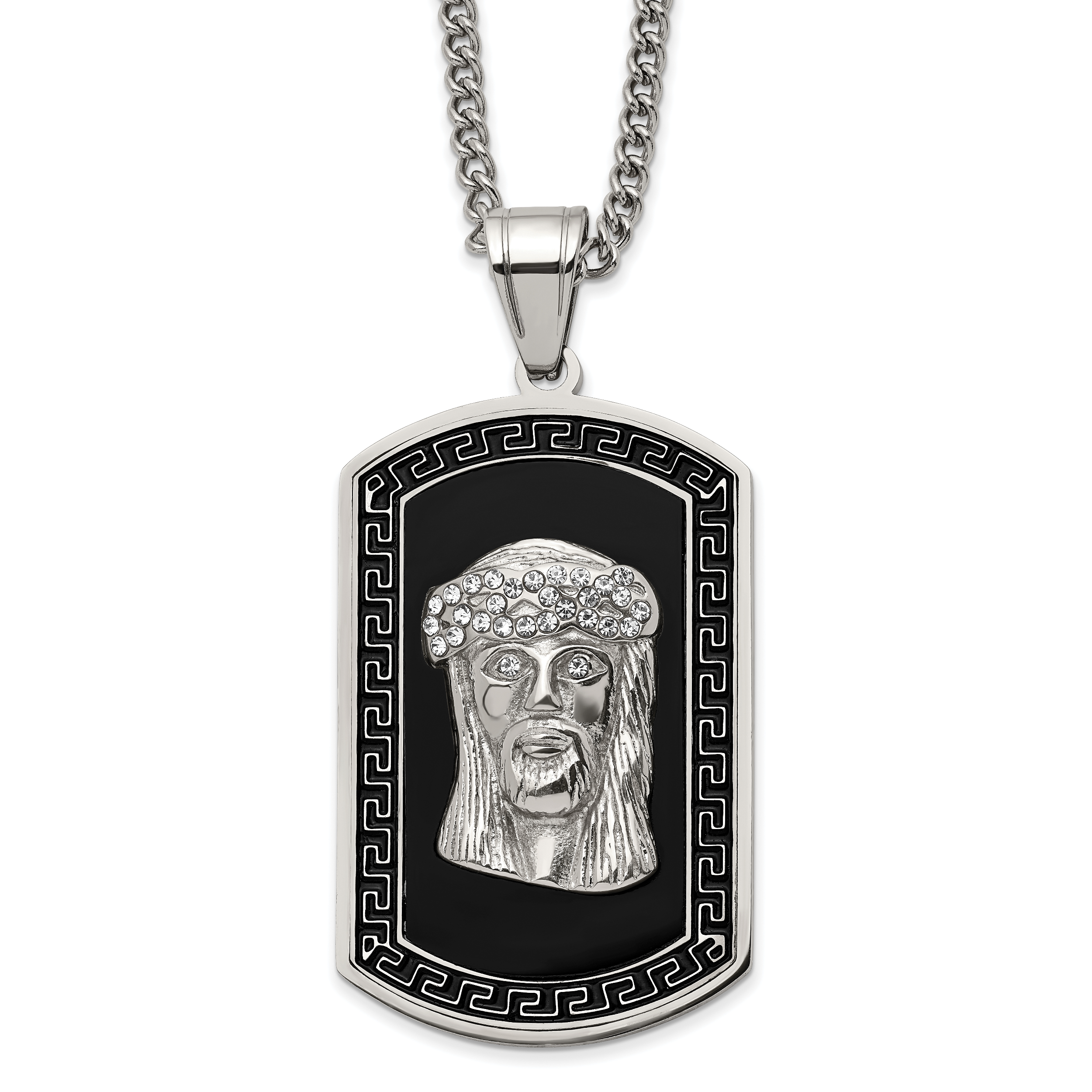 Chisel Stainless Steel Polished Enameled with Crystal Jesus Dog Tag on a 24 inch Curb Chain Necklace Main image