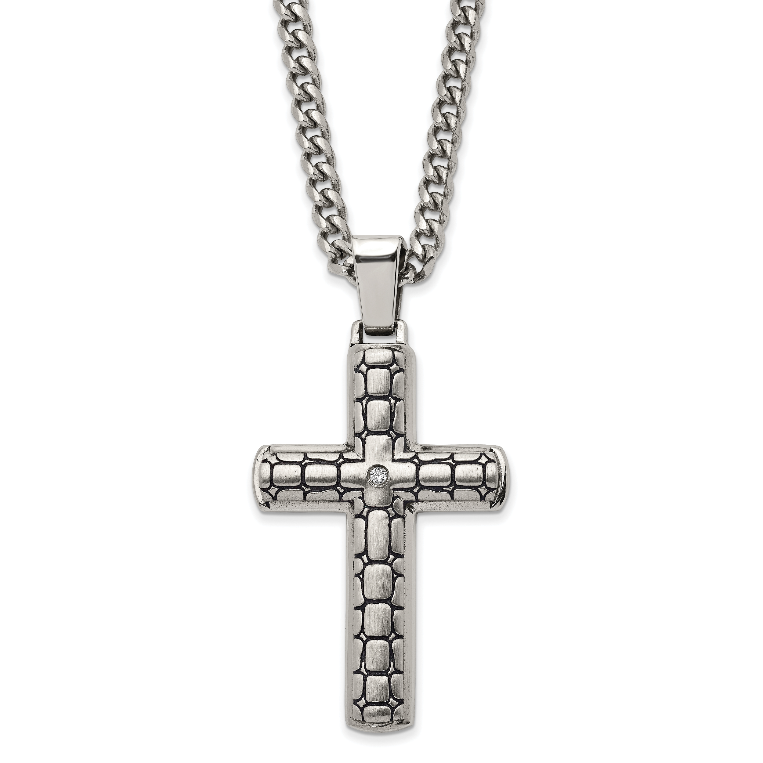 Chisel Stainless Steel Antiqued Brushed and Polished with CZ Cross Pendant on a 24 inch Curb Chain Necklace Main image