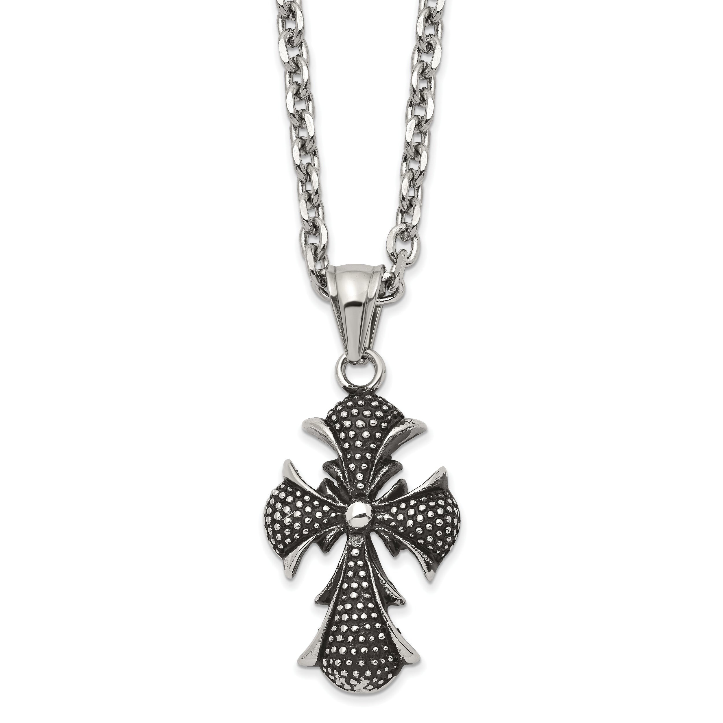 Stainless Steel Antiqued Polished and Textured Cross 24 inch Necklace
