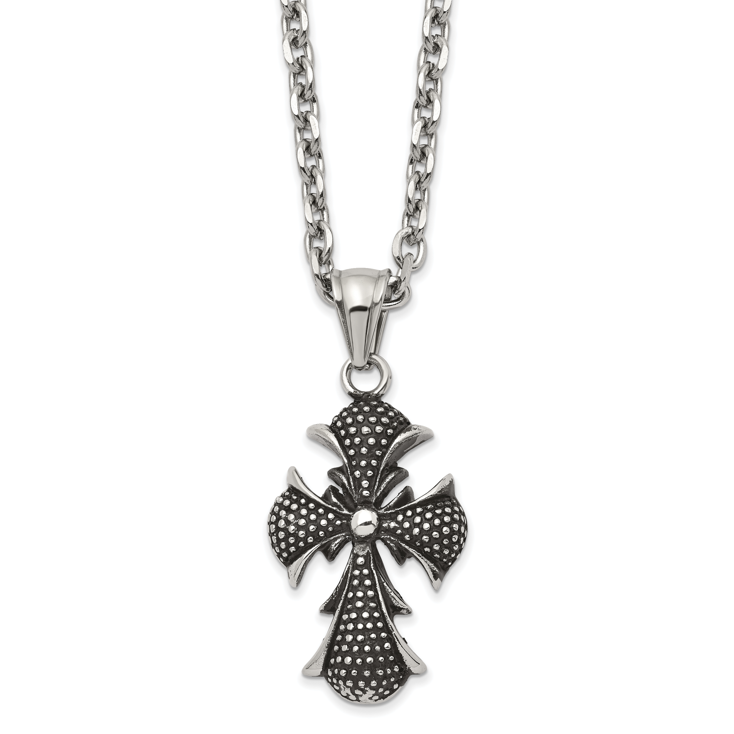 Stainless Steel Antiqued Polished and Textured Cross 24 inch Necklace Main image