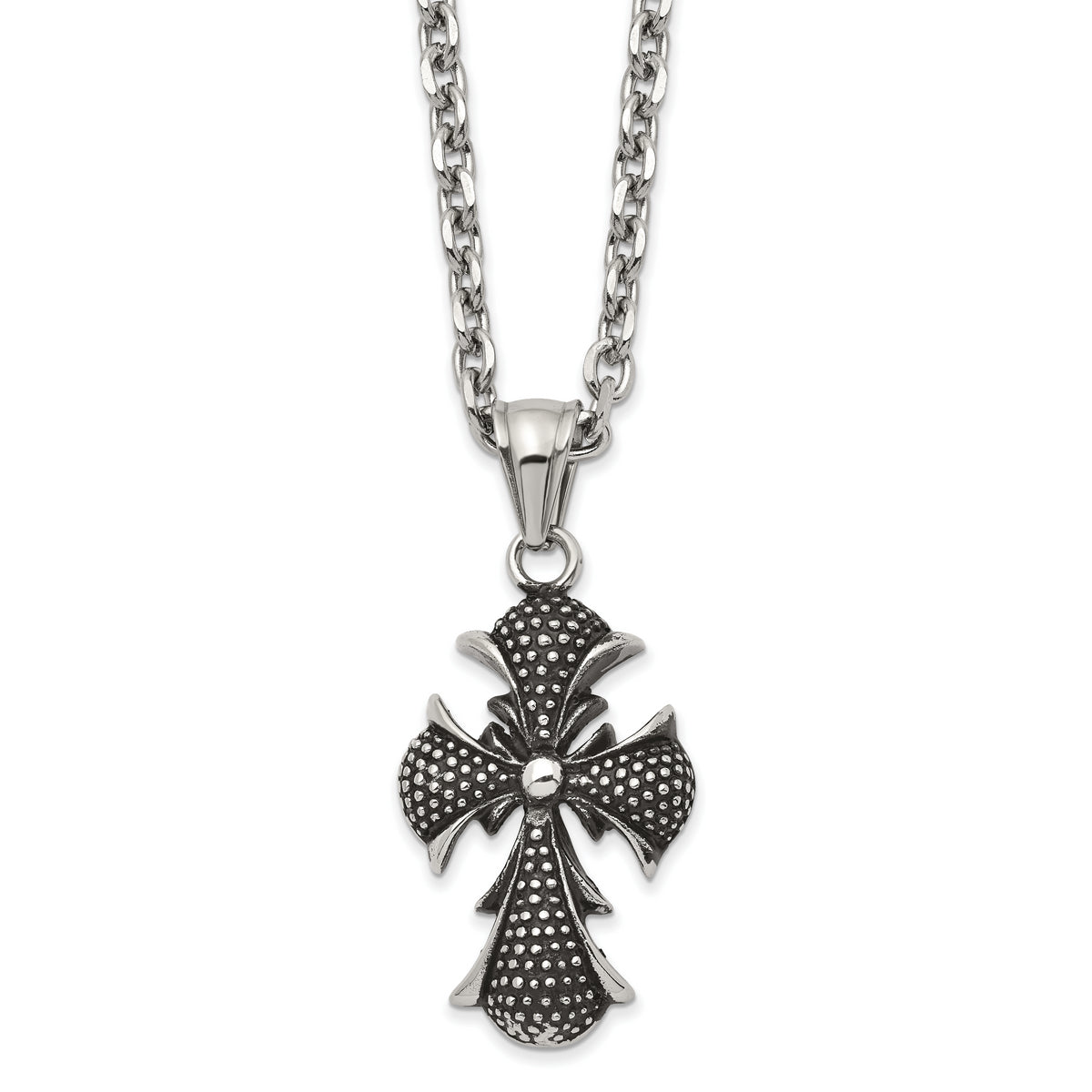 Stainless Steel Antiqued Polished and Textured Cross 24 inch Necklace