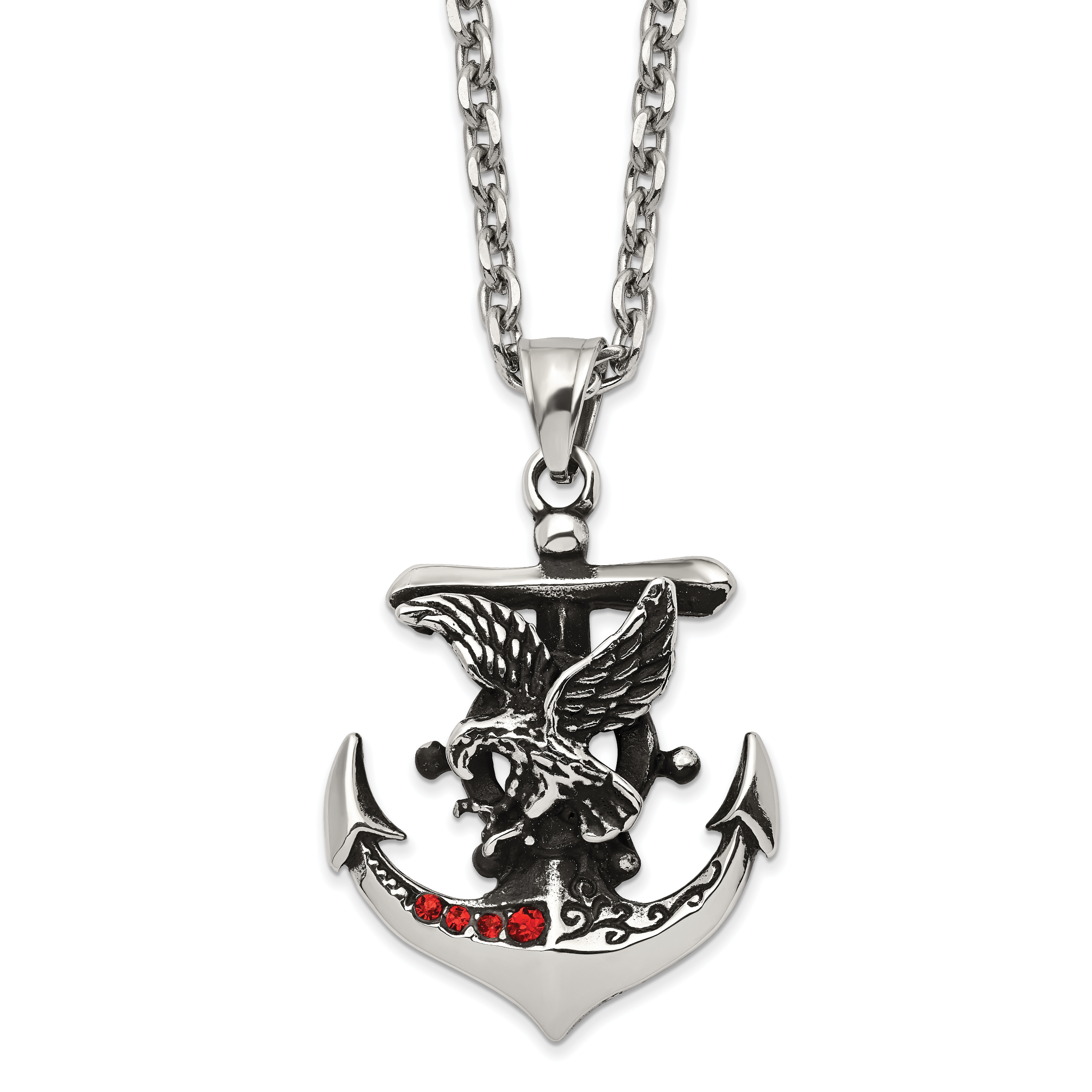Chisel Stainless Steel Polished and Antiqued with Red Crystal Eagle on Anchor Pendant on a 24 inch Cable Chain Necklace Main image