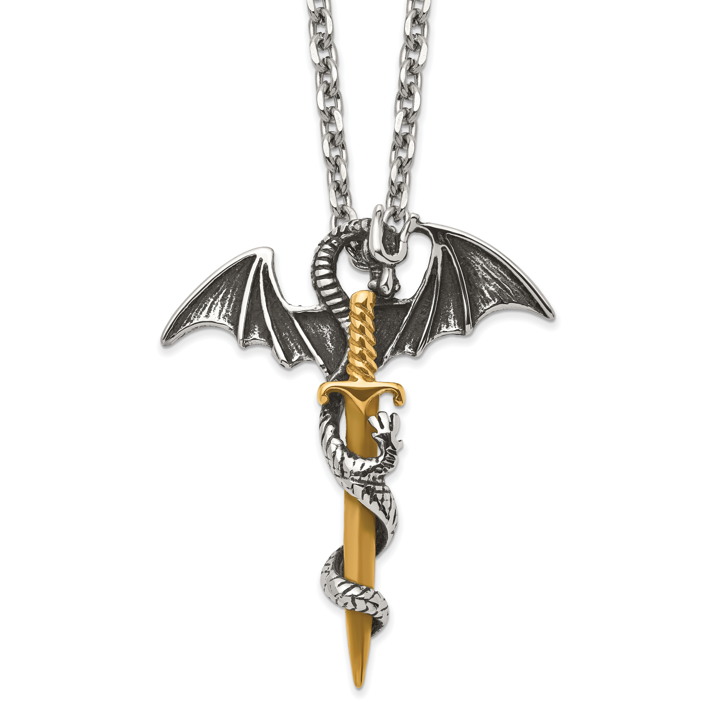 Chisel Stainless Steel Antiqued and Polished Yellow IP-plated Dragon on Sword on a 24 inch Cable Chain Necklace Main image