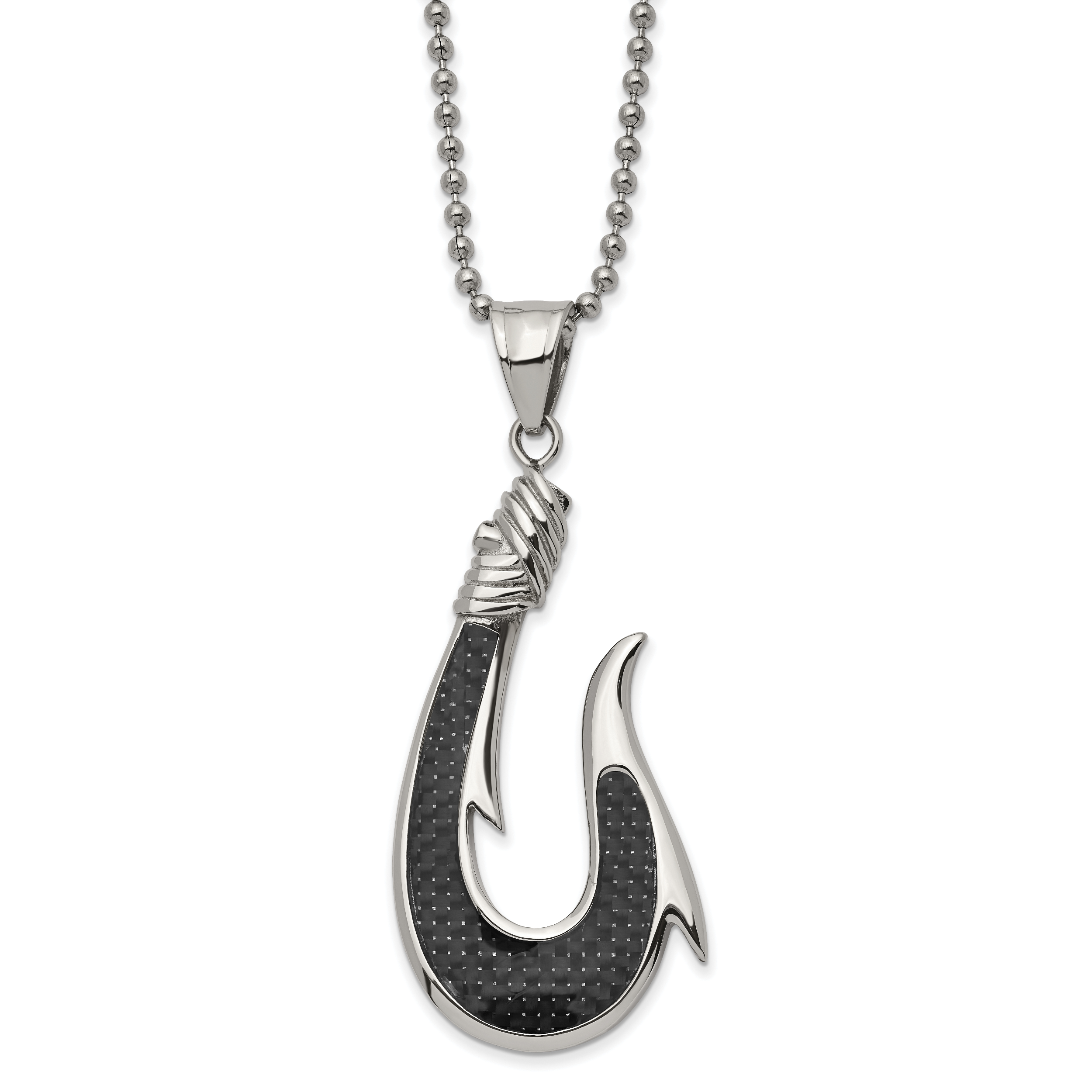 Chisel Stainless Steel Polished with Black Carbon Fiber Inlay Hook Pendant on a 22 inch Ball Chain Necklace Main image