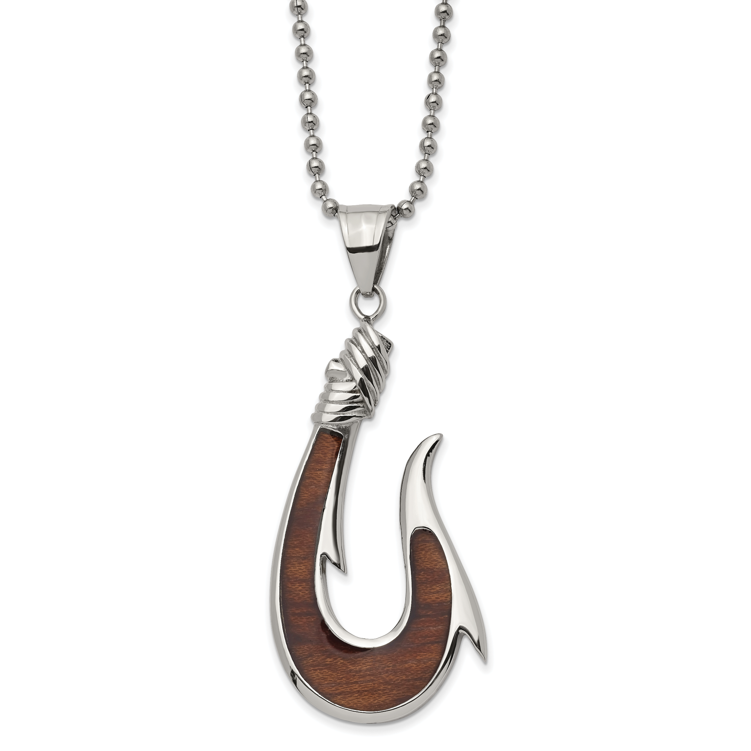 Chisel Stainless Steel Polished with Rosewood Inlay Hook Pendant on a 22 inch Ball Chain Necklace Main image