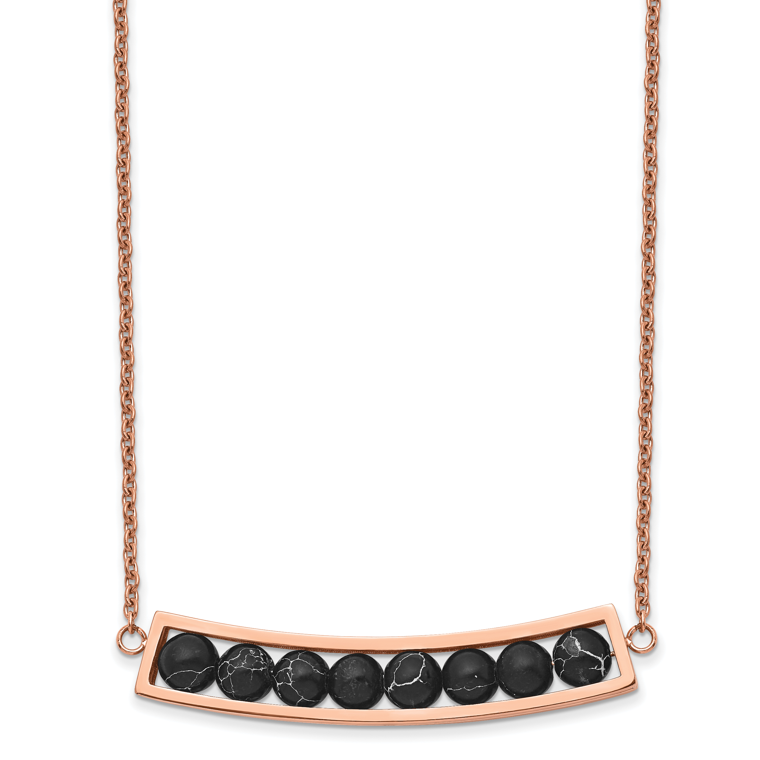 Chisel Stainless Steel Polished Rose IP-plated Bar with Black Grain Stone on a 17.5 inch Cable Chain with a 2 inch Extension Necklace Main image