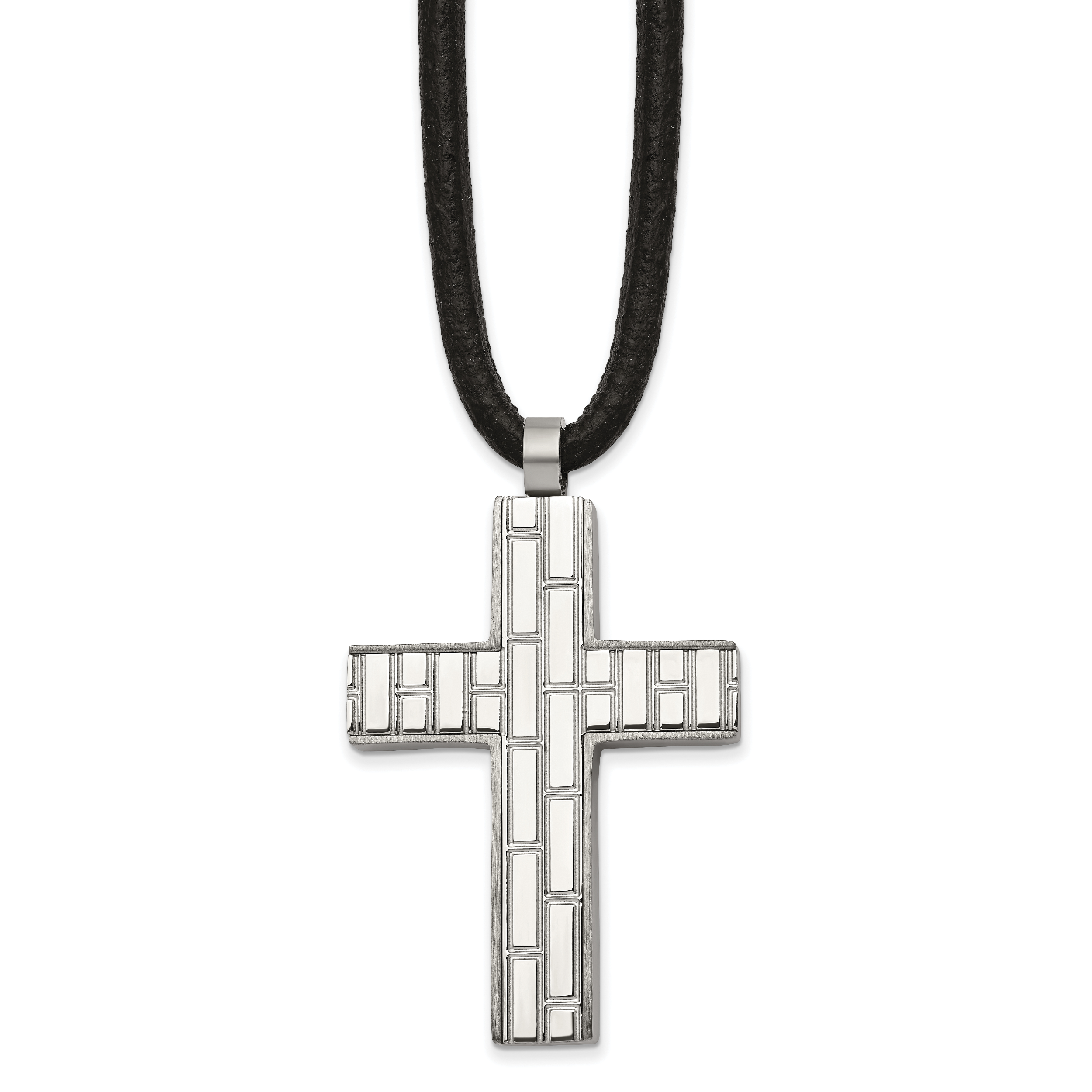 Chisel Stainless Steel Brushed and Polished Brick Design Cross on a Pendant 19.5 inch Black Rubber Cord Necklace Main image