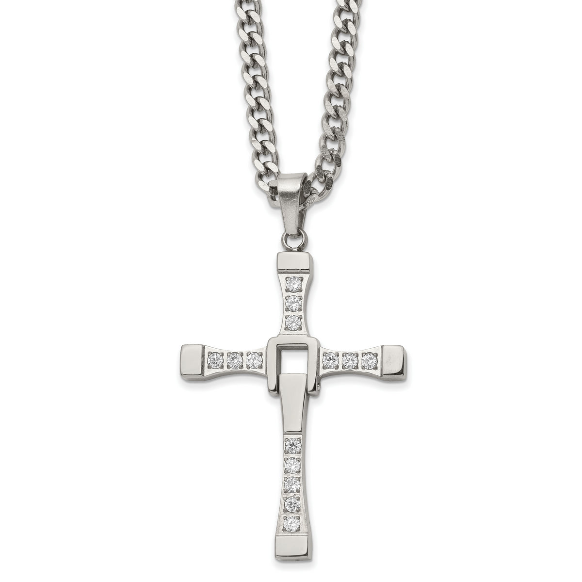 Chisel Stainless Steel Polished with CZ Moveable Cross Pendant on a 22 inch with 2 inch Extension Cable Chain Necklace
