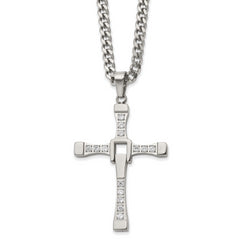 Chisel Stainless Steel Polished with CZ Moveable Cross Pendant on a 22 inch with 2 inch Extension Cable Chain Necklace