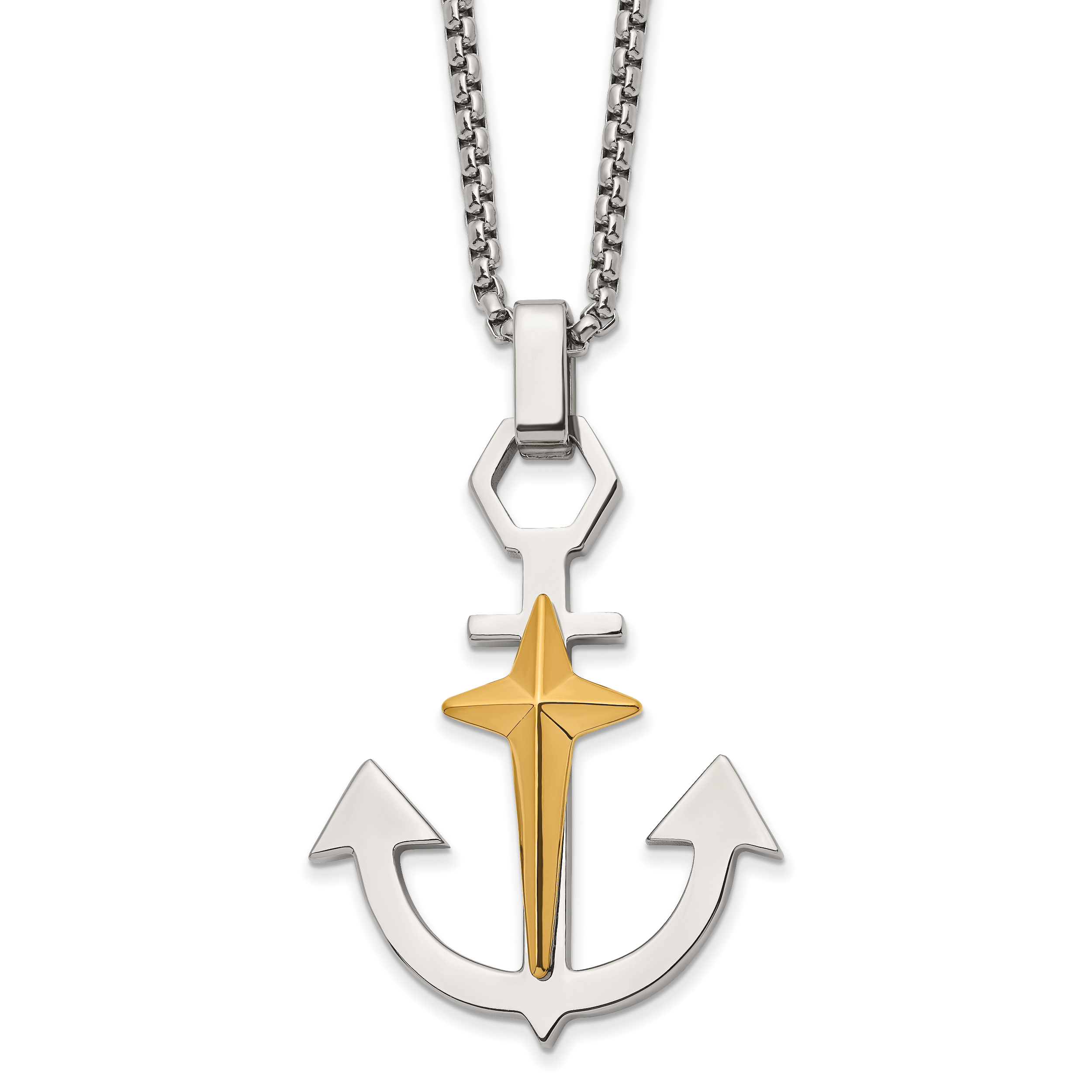 Chisel Stainless Steel Polished Anchor with Yellow IP-plated Cross Pendant on a 24 inch Box Chain with 2.75 inch extension Necklace Main image