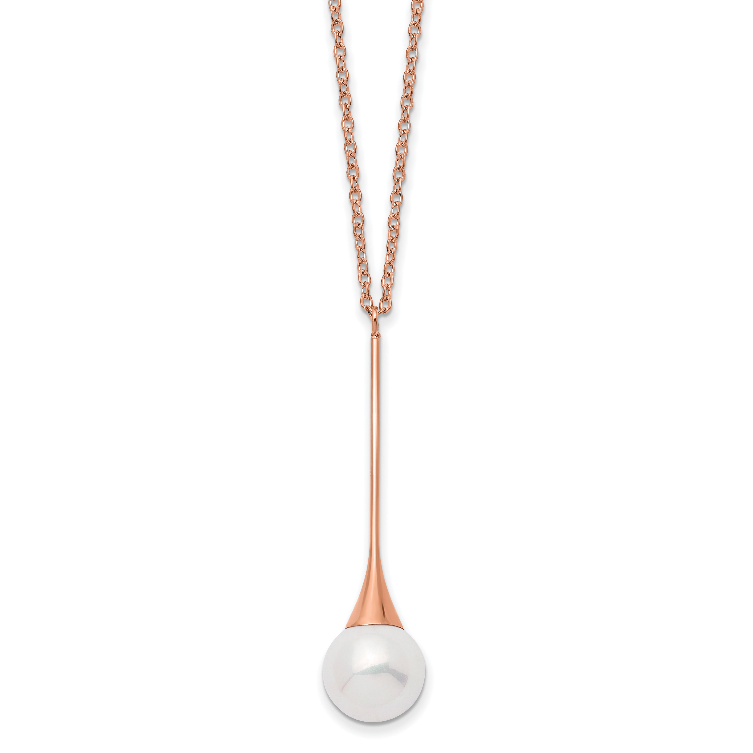 Chisel Stainless Steel Polished Rose IP-plated Imitation Pearl Pendant on a 15.75 inch with a 1 inch Extension Necklace