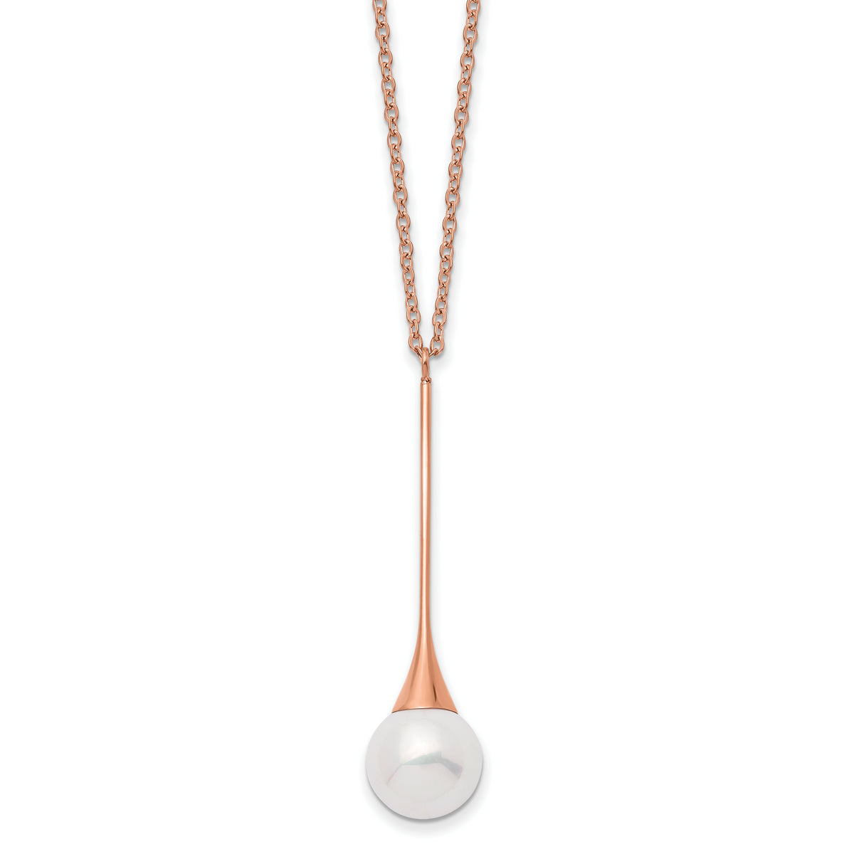 Chisel Stainless Steel Polished Rose IP-plated Imitation Pearl Pendant on a 15.75 inch with a 1 inch Extension Necklace
