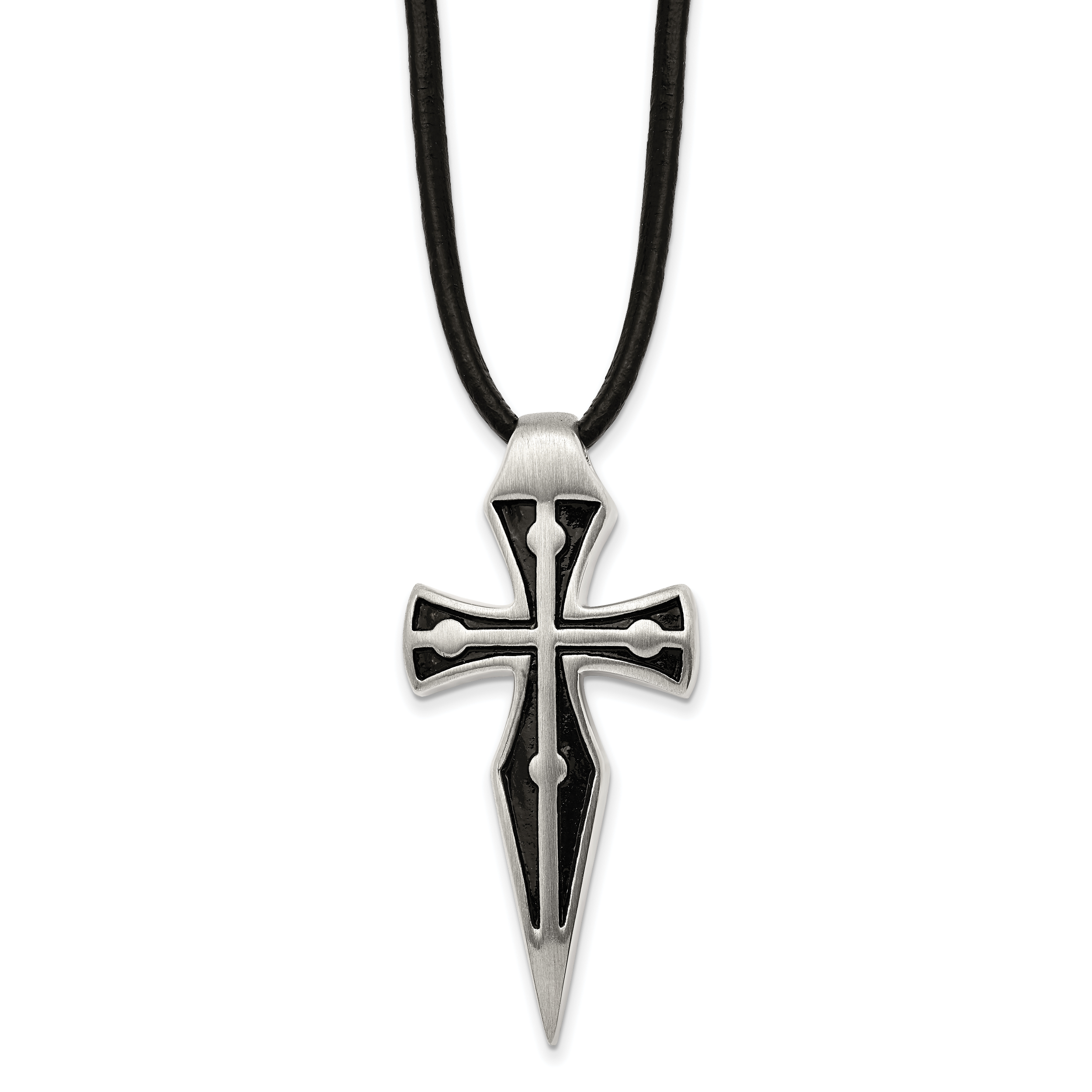 Chisel Stainless Steel Antiqued Brushed and Polished Cross Pendant on an 18 inch Leather Cord Plus a 2 inch Extension Necklace Main image