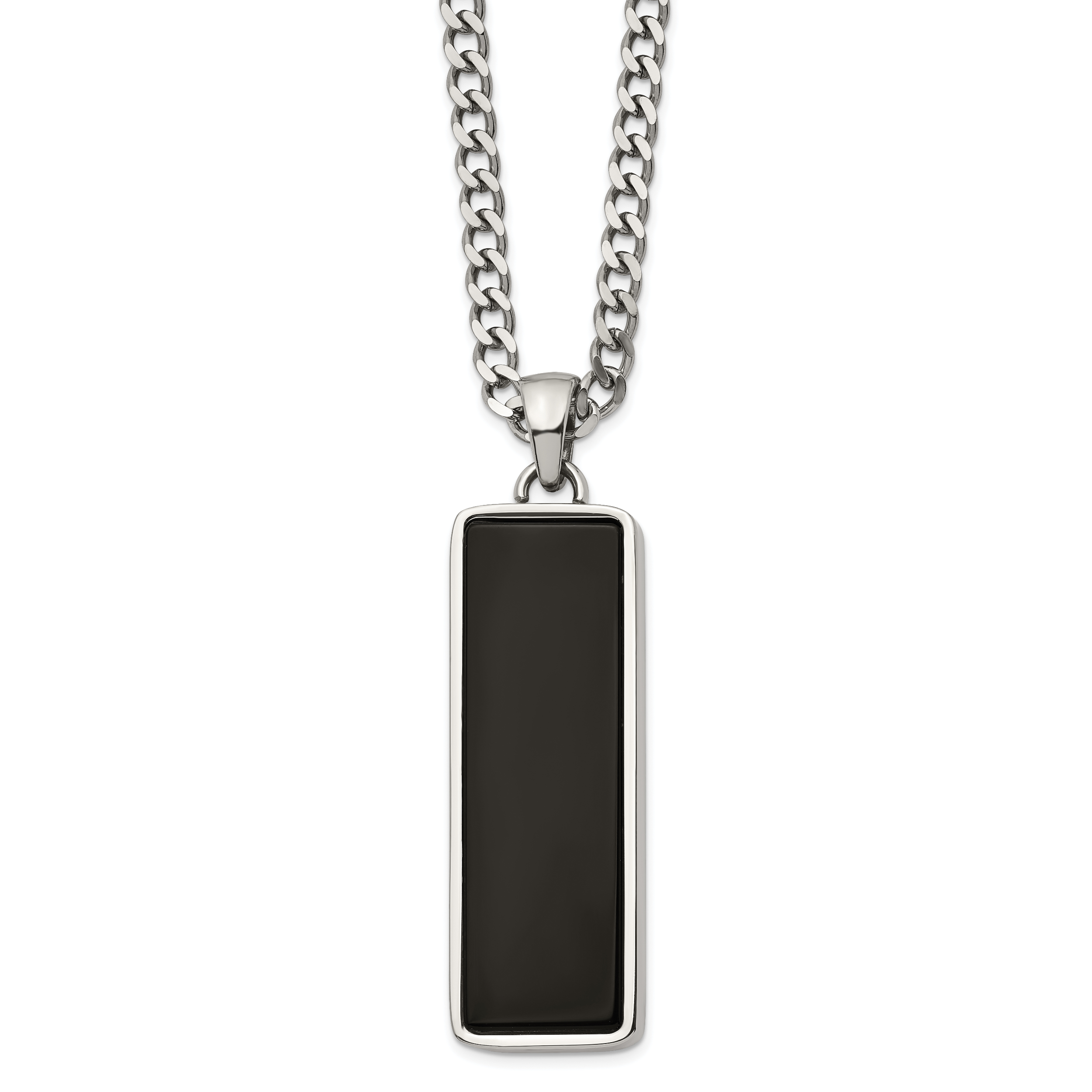 Chisel Stainless Steel Polished with Black Onyx Inlay Rectangle Pendant on a 22 inch Curb Chain Necklace Main image