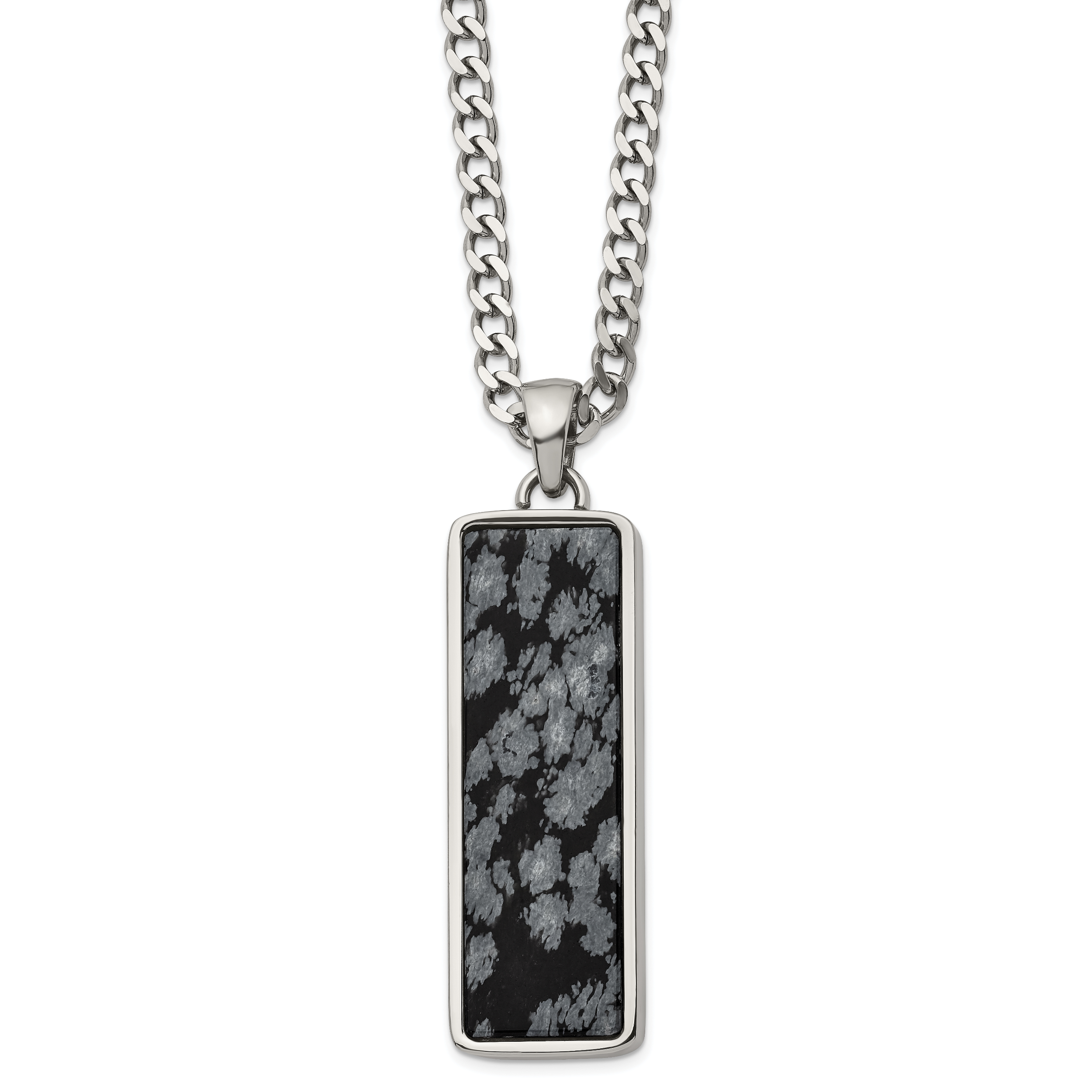 Chisel Stainless Steel Polished with Alabaster Stone Inlay Rectangle Pendant on a 22 inch Curb Chain Necklace Main image