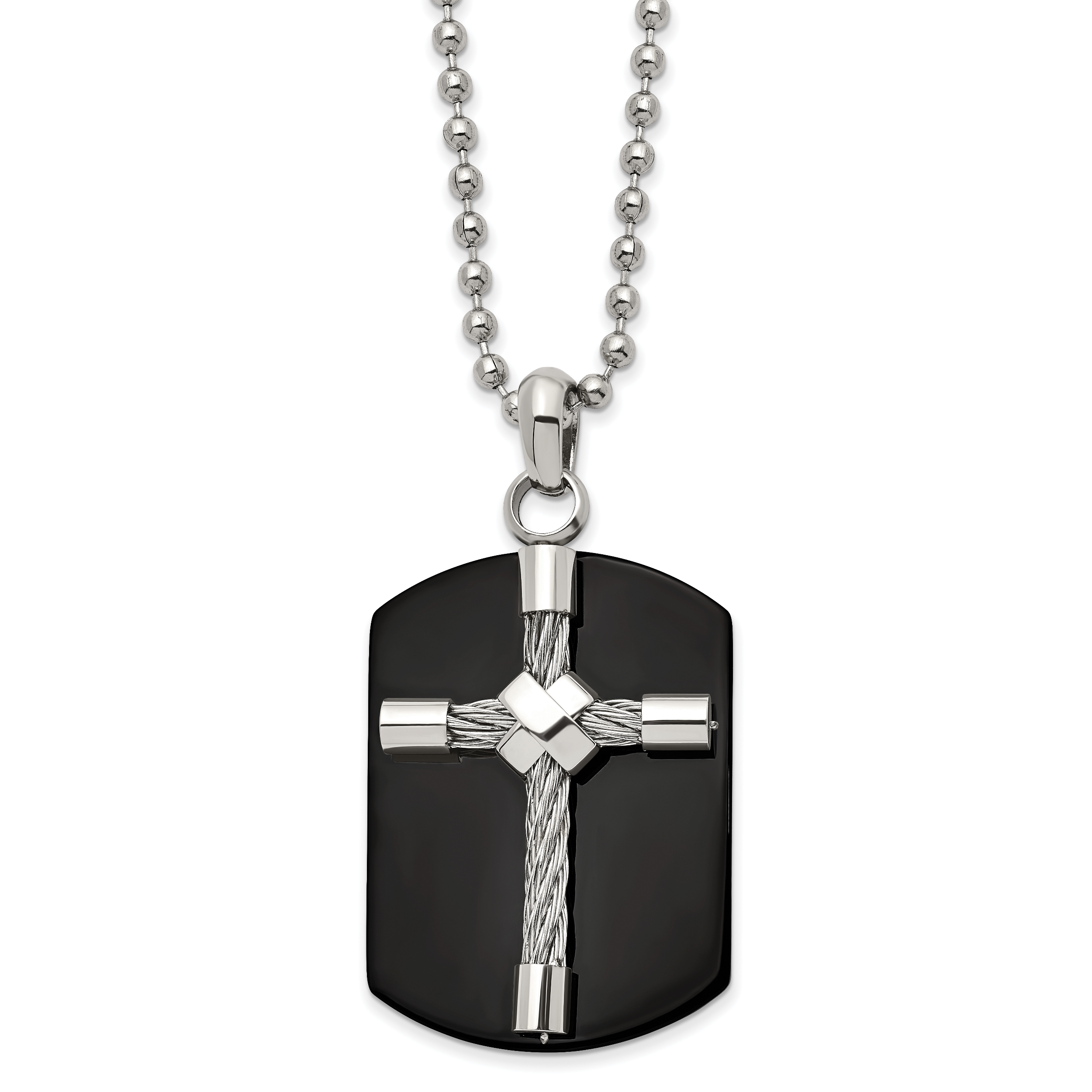 Chisel Stainless Steel Polished Black IP-plated Wire Cross Dog Tag on a 24 inch Ball Chain Necklace Main image