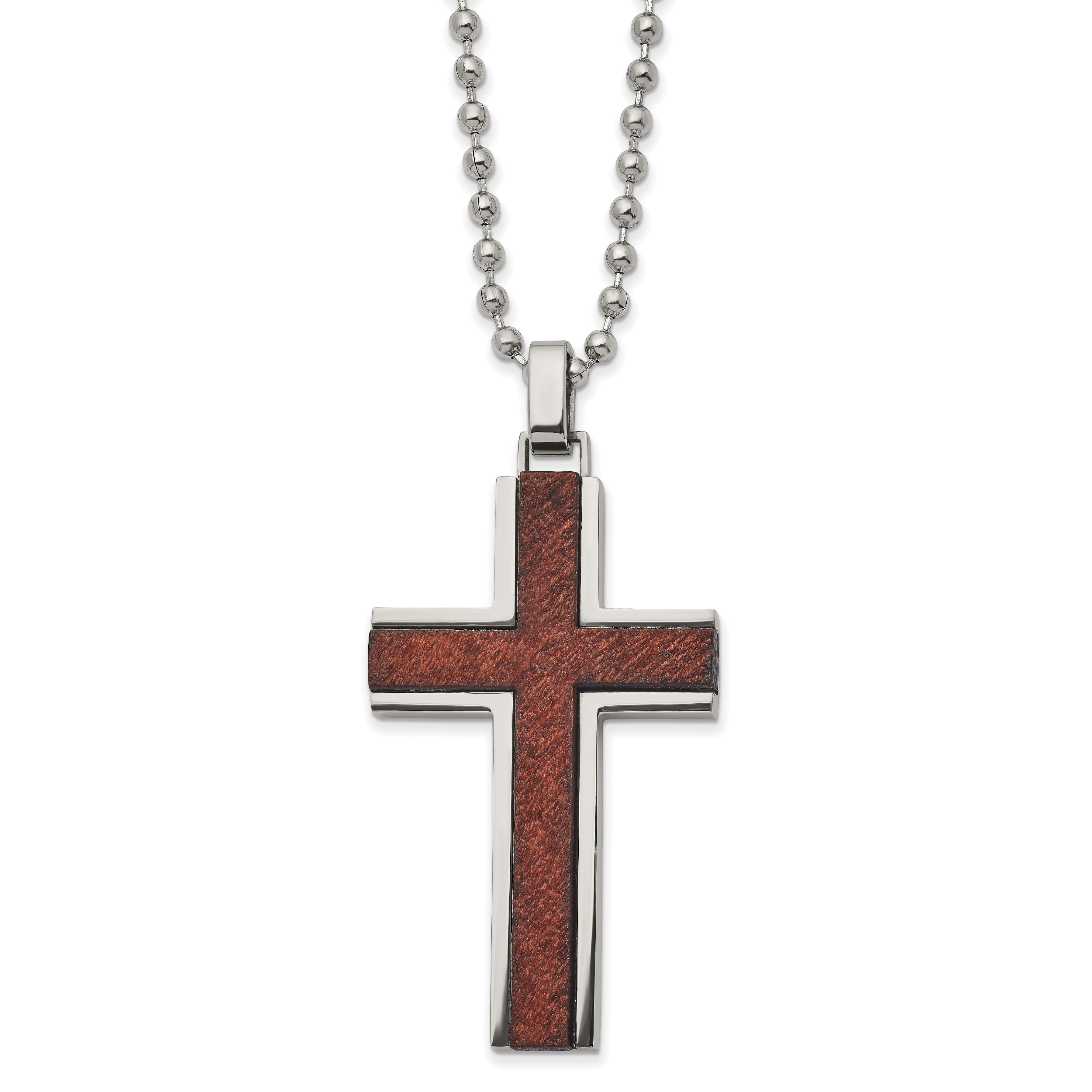 Stainless Steel Polished with Wood Inlay Cross 22in Necklace Main image