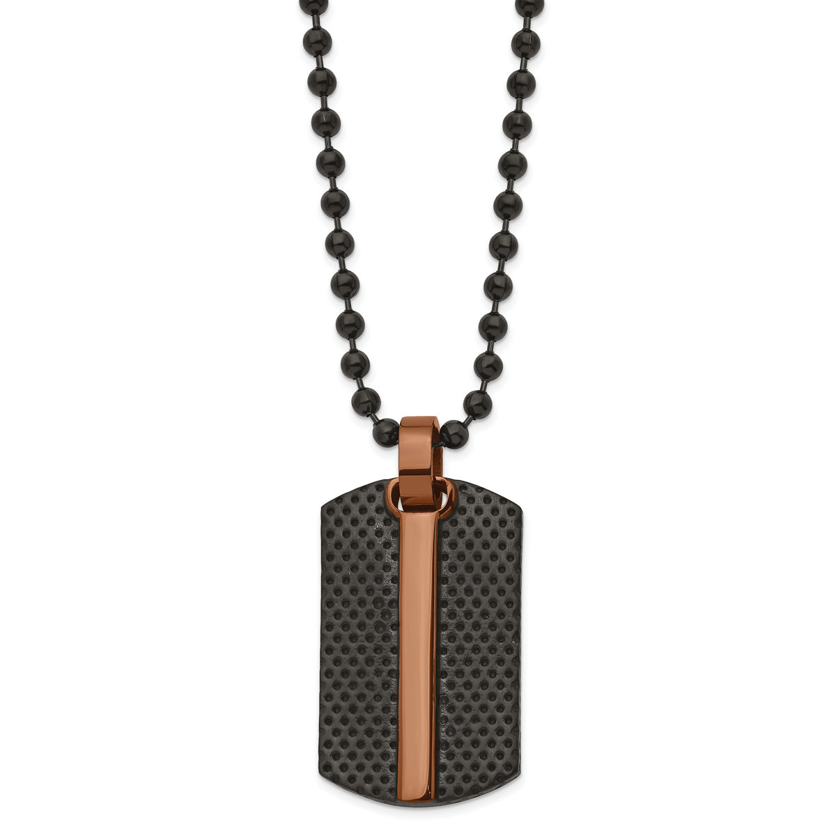 Chisel Stainless Steel Polished and Textured Black and Brown IP-plated Dog Tag on a 24 inch Ball Chain Necklace