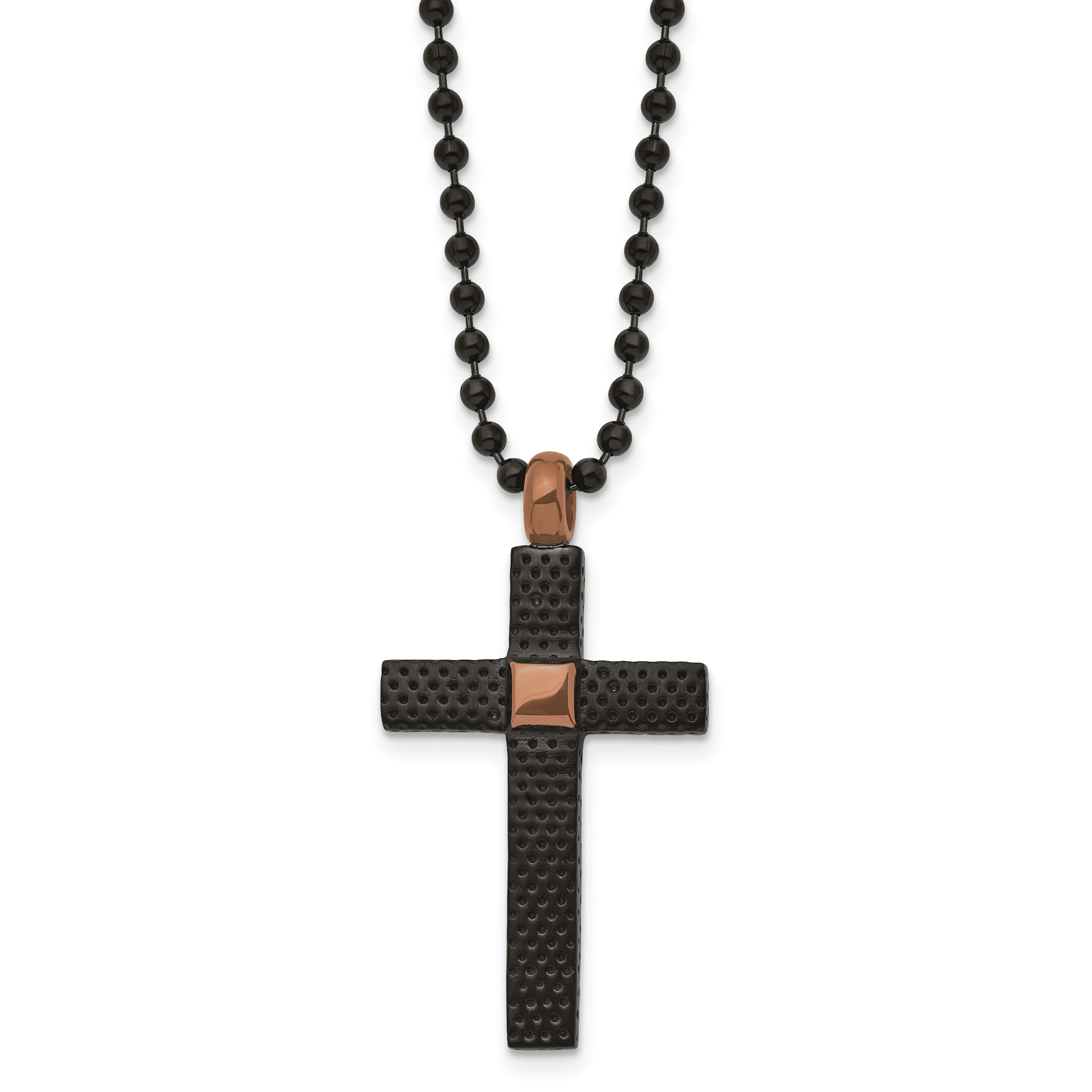 Chisel Stainless Steel Polished and Textured Black and Brown IP-plated Cross Pendant on a 24 inch Ball Chain Necklace Main image