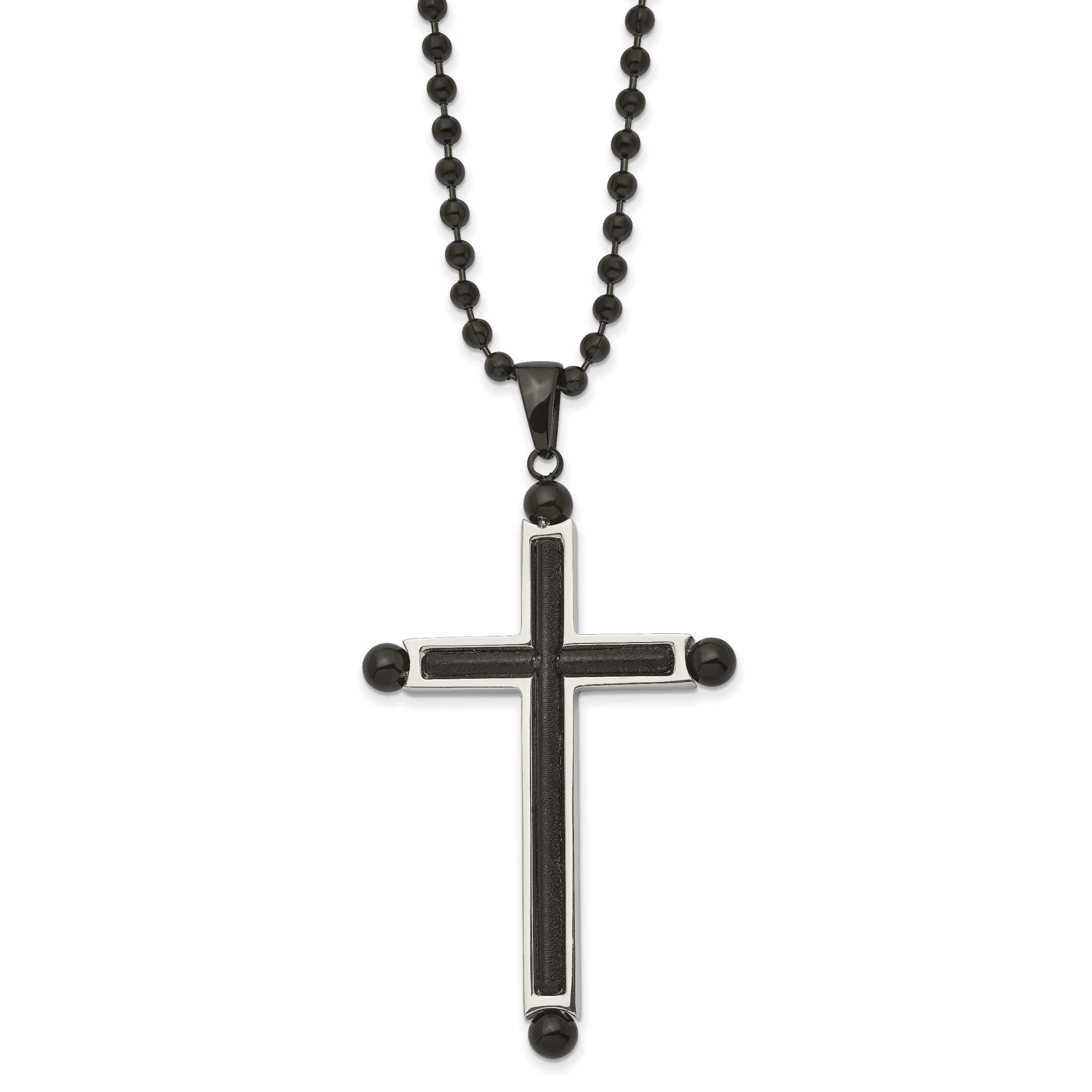 Chisel Stainless Steel Polished and Textured Black IP-plated Cross Pendant on a 24 inch Ball Chain Necklace Main image
