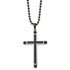 Chisel Stainless Steel Polished and Textured Black IP-plated Cross Pendant on a 24 inch Ball Chain Necklace