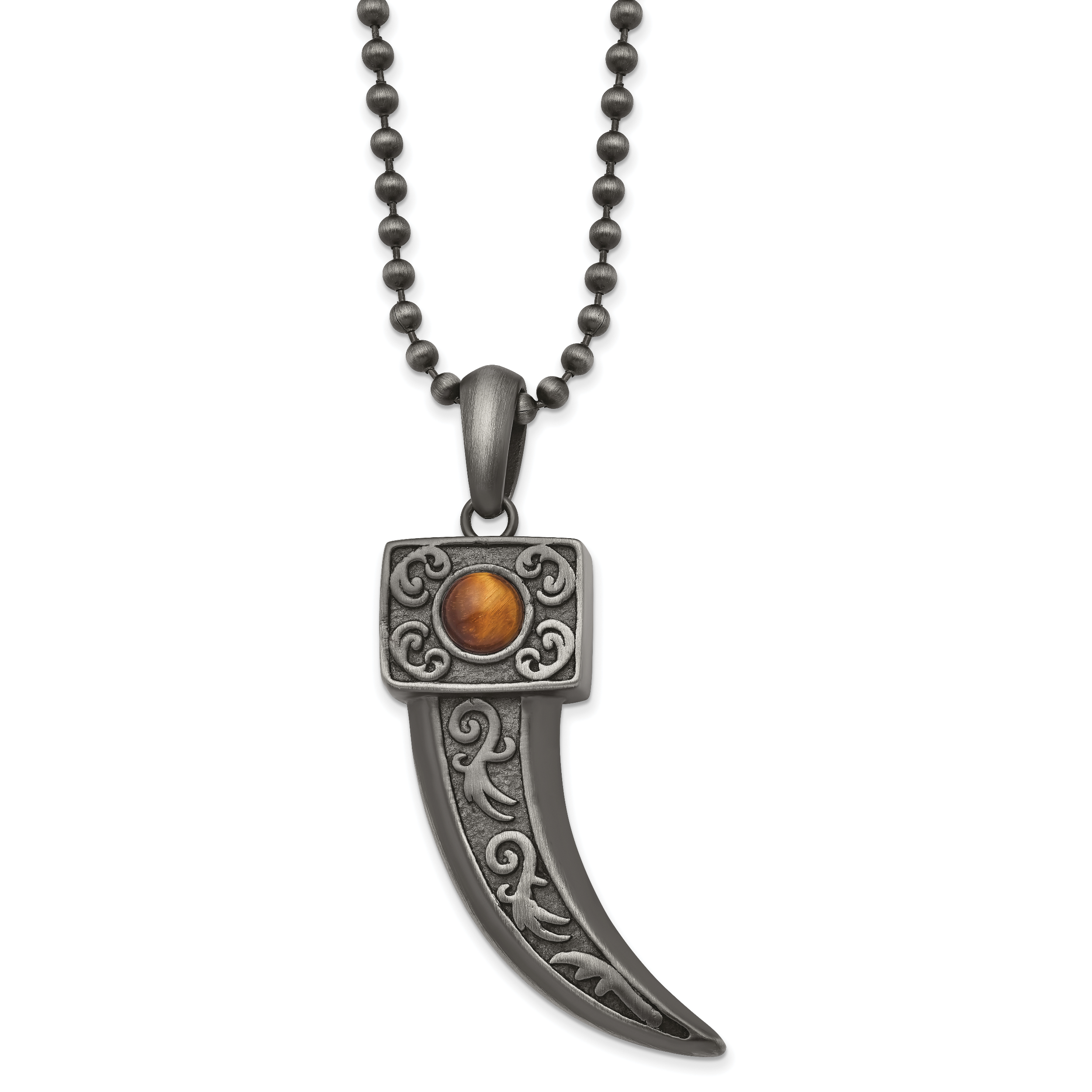 Chisel Stainless Steel Antiqued White Bronze Plated with Tiger's Eye Horn Pendant on a 22 inch Ball Chain Necklace Main image