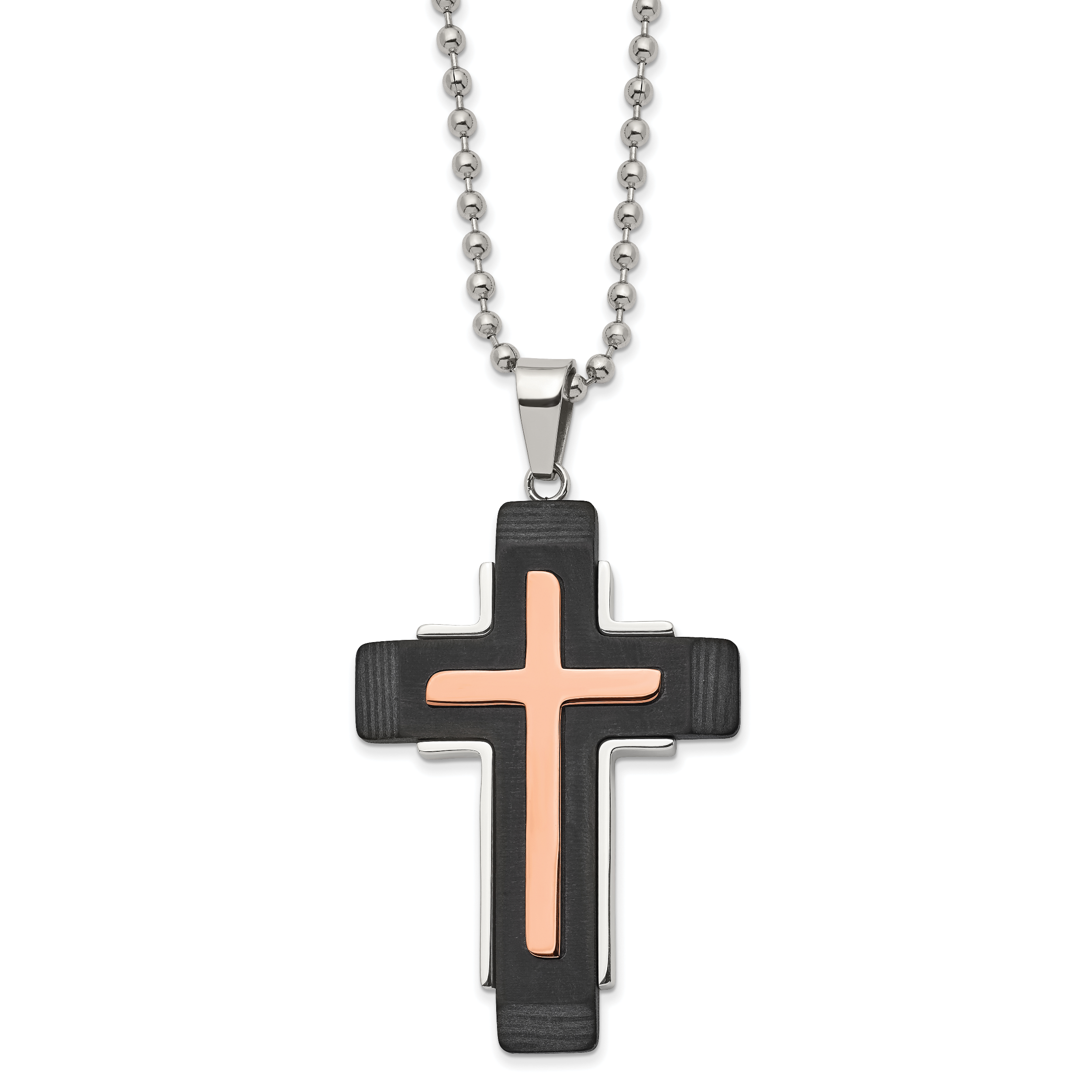 Chisel Stainless Steel Polished Rose IP-plated and Solid Black Carbon Fiber Cross Pendant on a 22 inch Ball Chain Necklace Main image