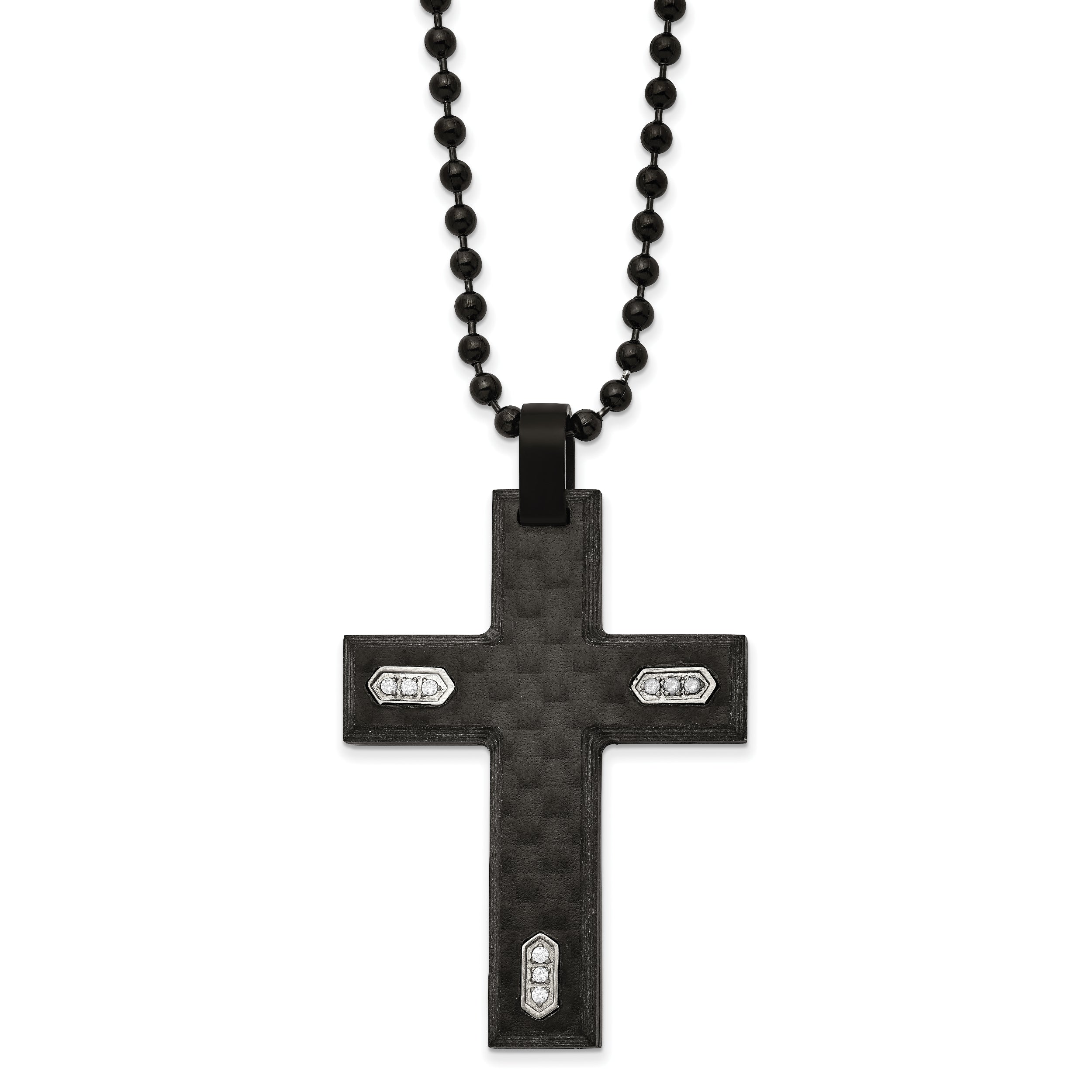 Chisel Stainless Steel Brushed Black IP-plated and Black Carbon Fiber with CZ Cross Pendanat on a 24 inch Ball Chain Necklace