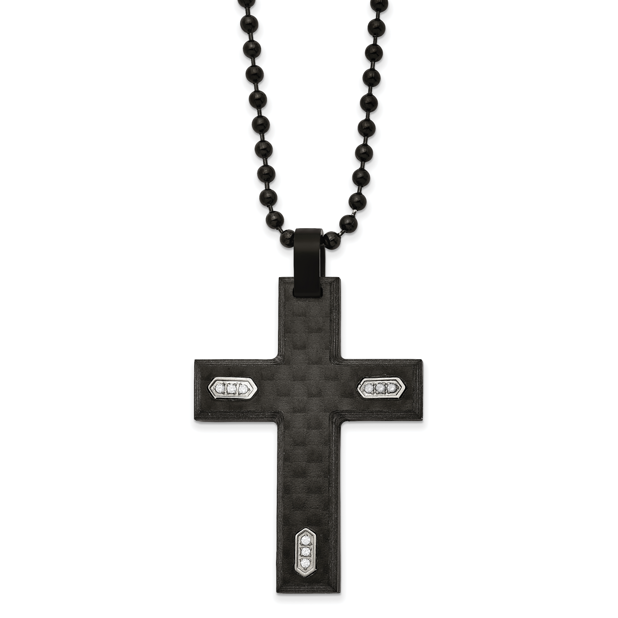 Chisel Stainless Steel Brushed Black IP-plated and Black Carbon Fiber with CZ Cross Pendanat on a 24 inch Ball Chain Necklace