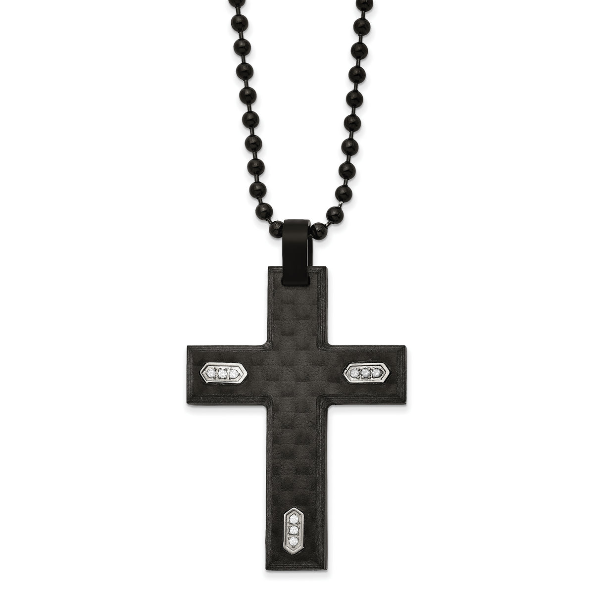 Chisel Stainless Steel Brushed Black IP-plated and Black Carbon Fiber with CZ Cross Pendanat on a 24 inch Ball Chain Necklace