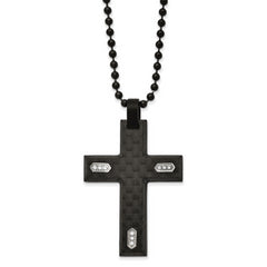 Chisel Stainless Steel Brushed Black IP-plated and Black Carbon Fiber with CZ Cross Pendanat on a 24 inch Ball Chain Necklace