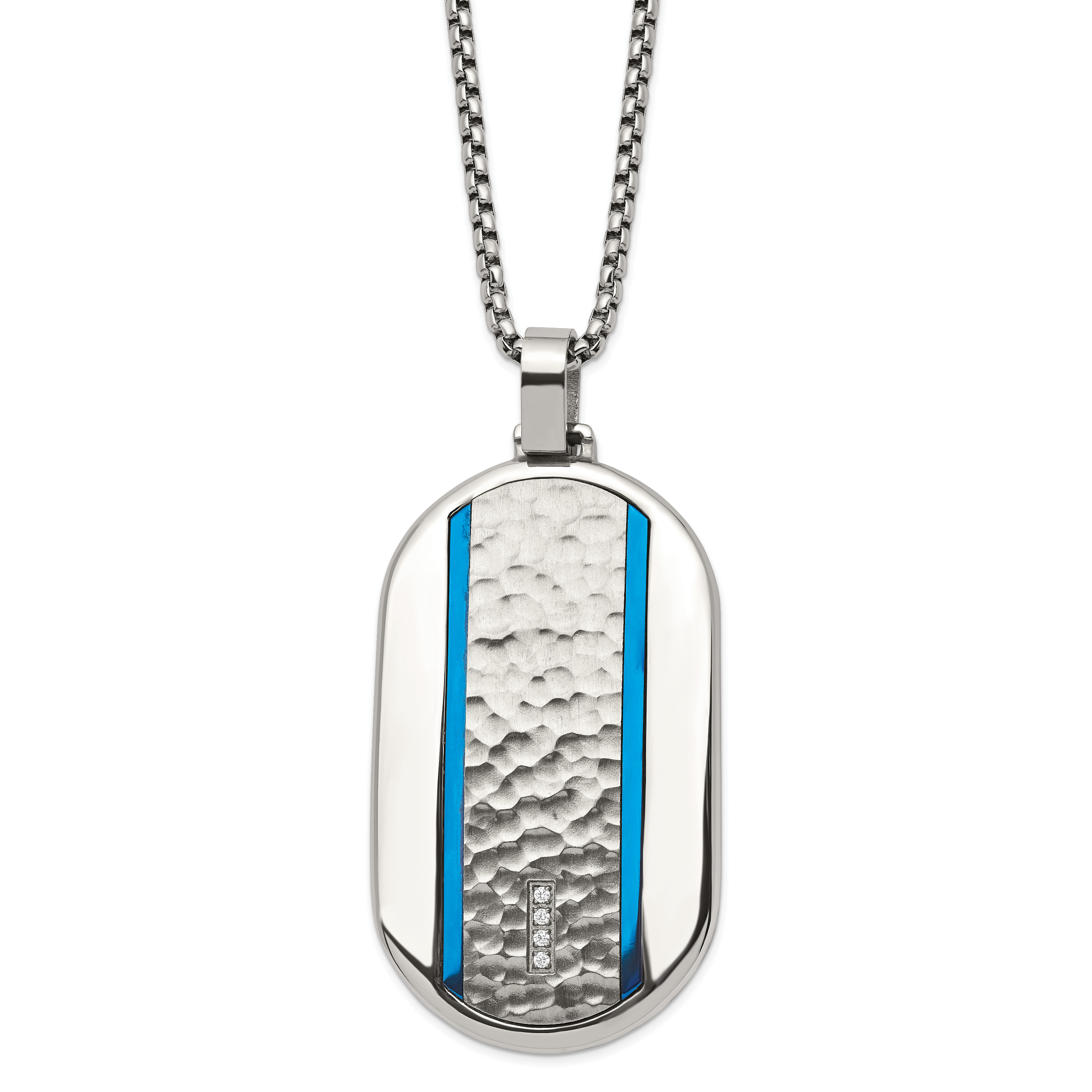 Chisel Stainless Steel Brushed and Polished Blue IP-plated with CZ Rounded Dog Tag on a 24 inch Box Chain Necklace Main image