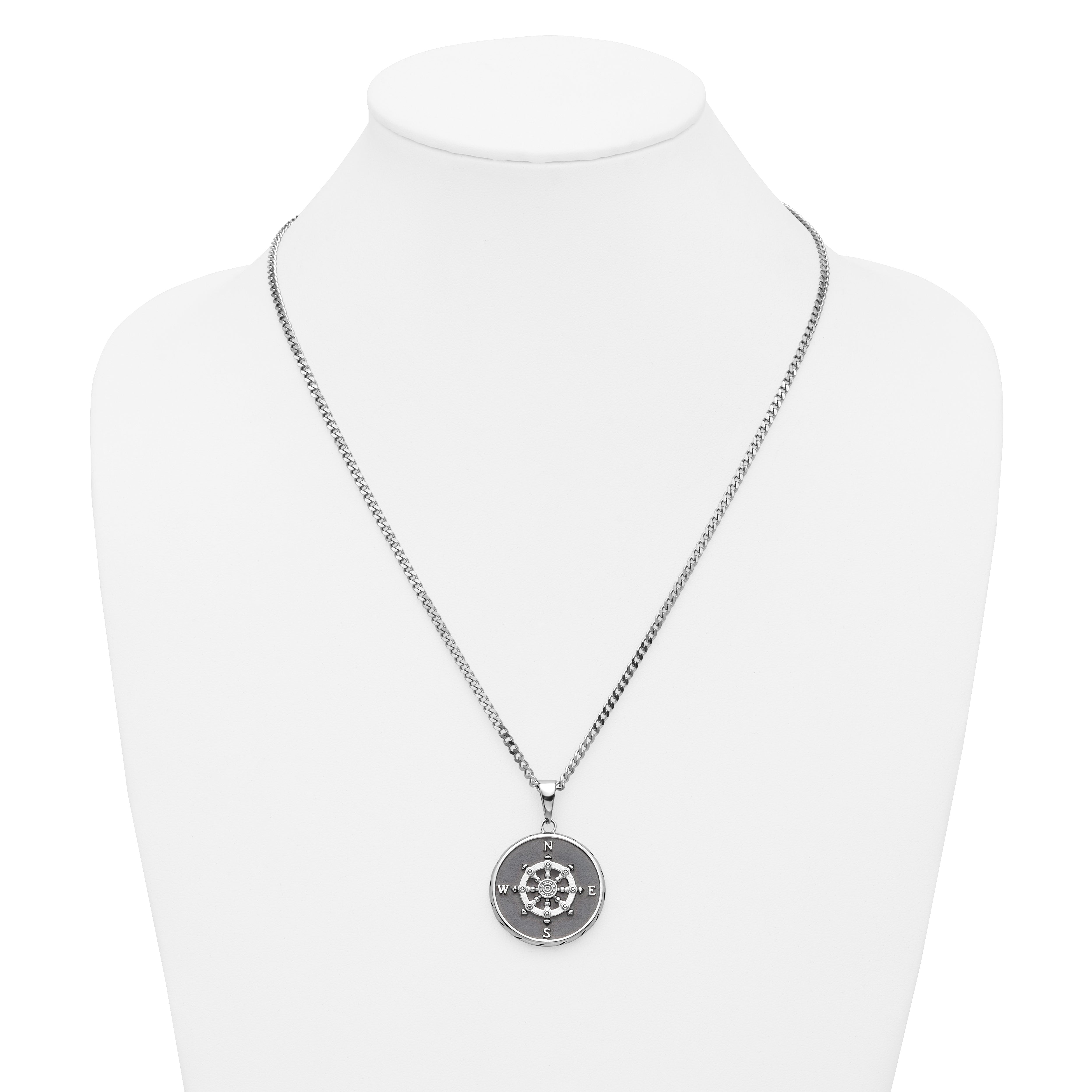Chisel Stainless Steel Polished Black IP-plated Compass Pendant on a 22 inch Curb Chain Necklace